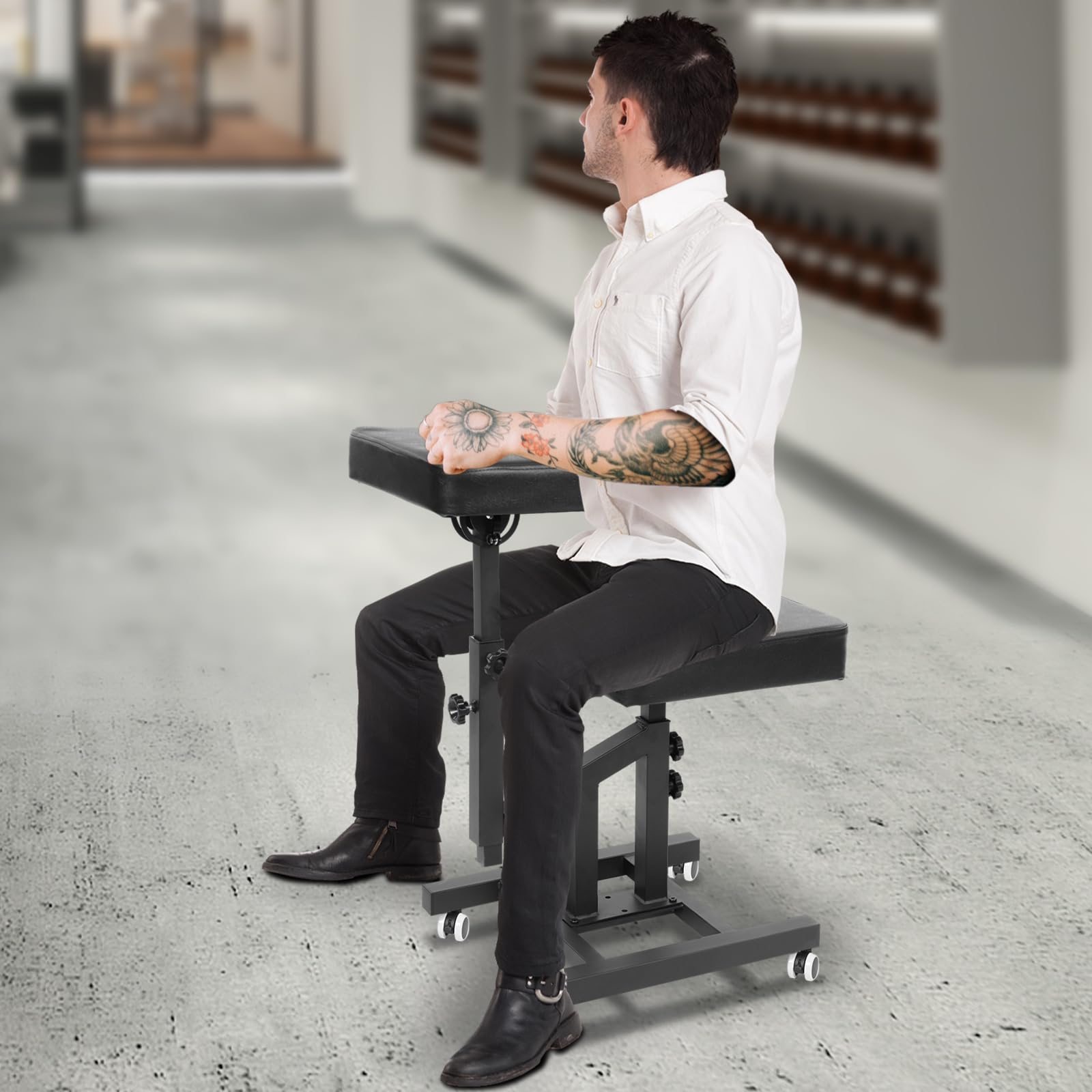 Hocker Höhenverstellbar, Friseurstuhl bis 100kg, Tattoo Stuhl, Barber Chair, Rollhocker für Salon, Kosmetik, Schminktisch, Büro und Studio (mit Rollen)