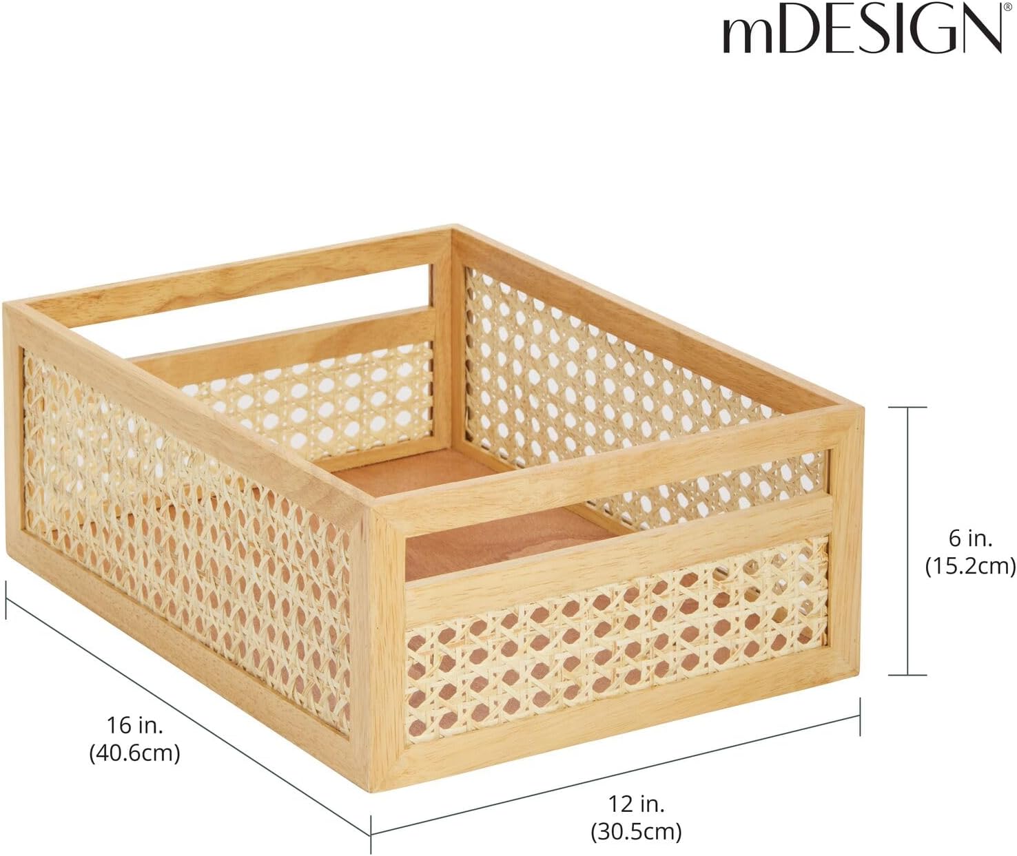 mDesign Large Wooden Rectangular Organizer, Natural Cane Storage Bin with Built-In Handles for Kitchen, Pantry, or Cabinet, Multipurpose Organizing Bin, 6 Pack, Natural