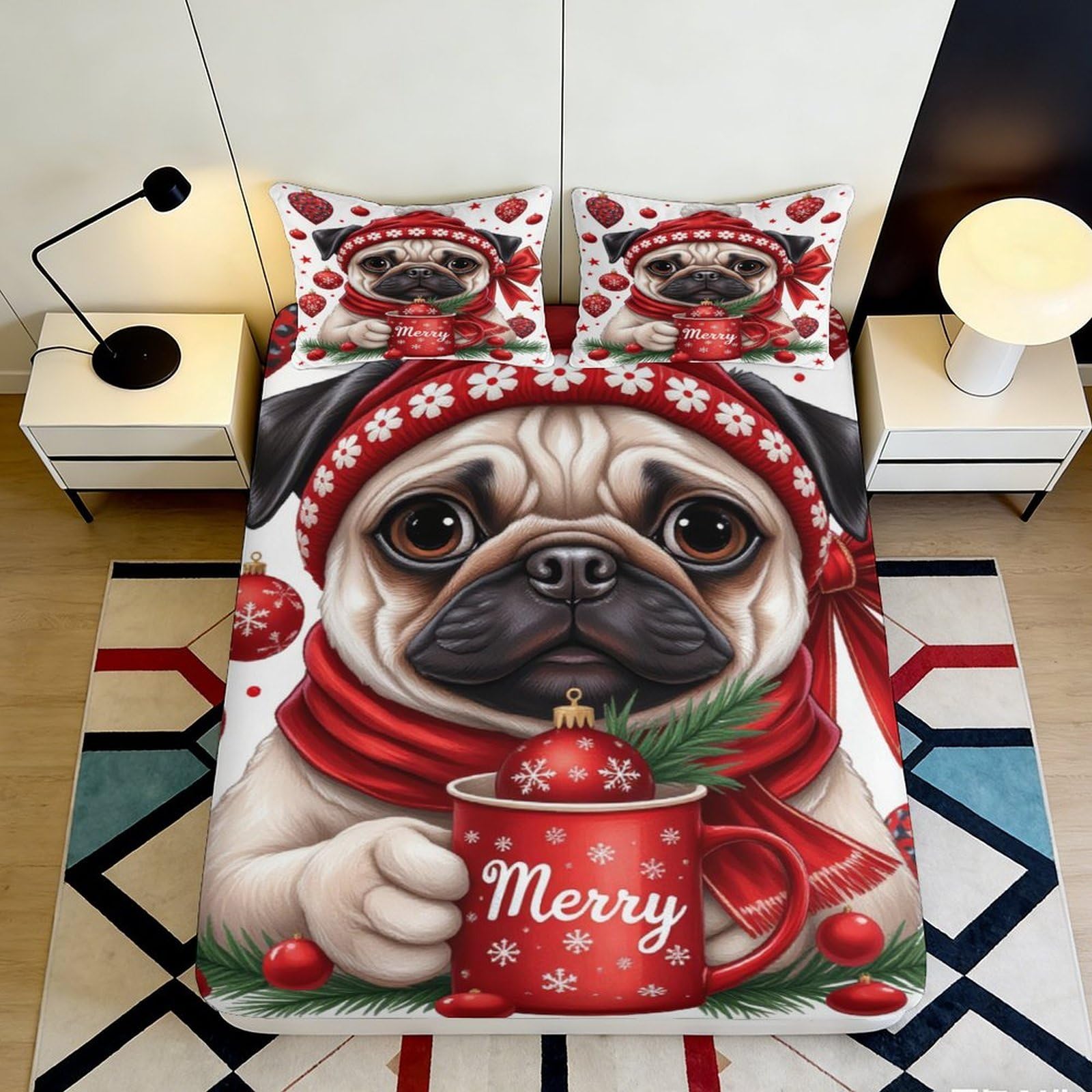 3D Printed Christmas Pug Fitted Sheet Microfiber Red Mug Bed Cover Non-slip Easy Care for Bedroom Dorm Mattress Decor 160x200x25cm