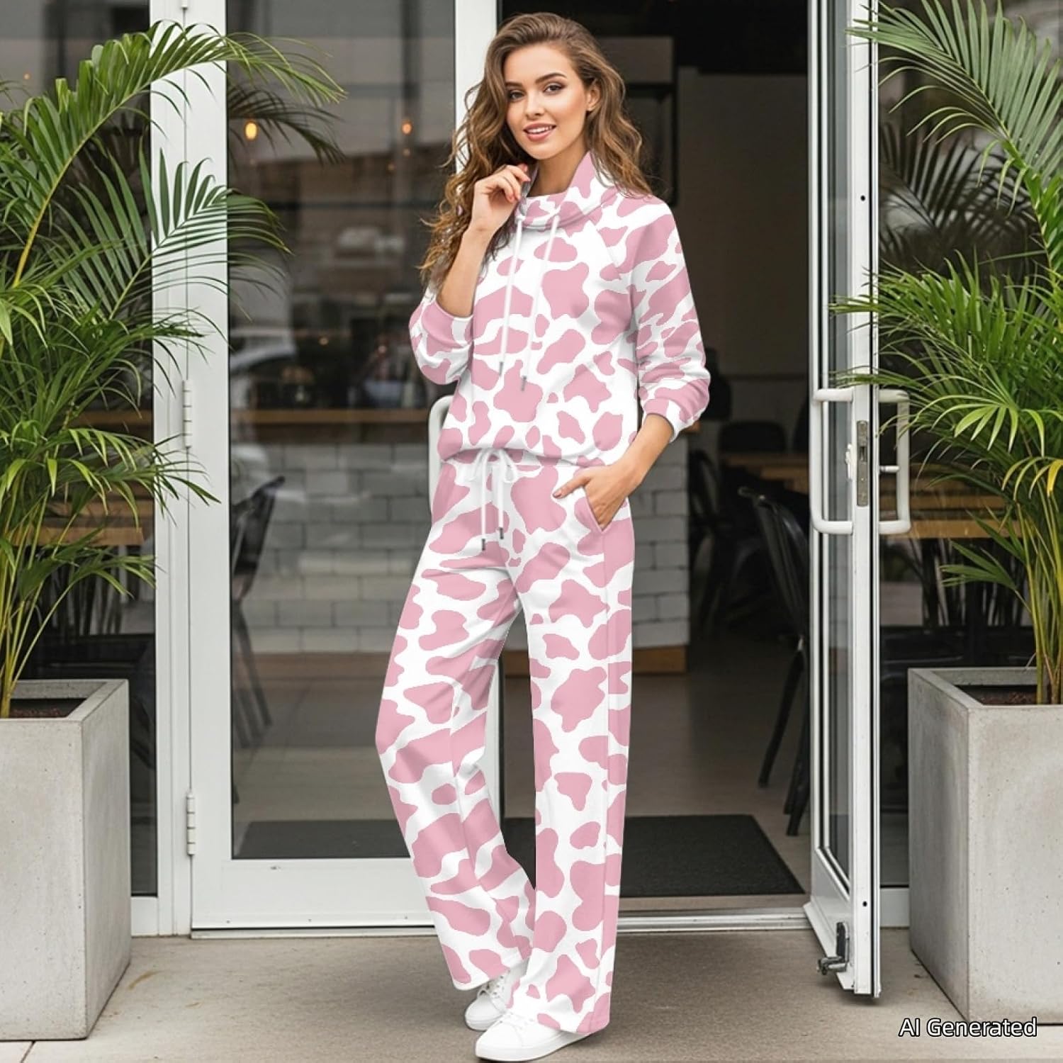Cute 2 Piece Sets for Women XS-XL Vacation Travel Outfits Fall Fashion Hooded Sweatshirt and Wide Leg Pants