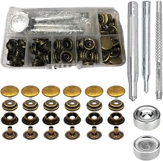 ステンレス金属ボタン 18組入 15mm ジャンパーホック 打ち具4種付き レザー 錆びない ハンドメイド（アンティークゴールド，収納ケース付き） ﻿