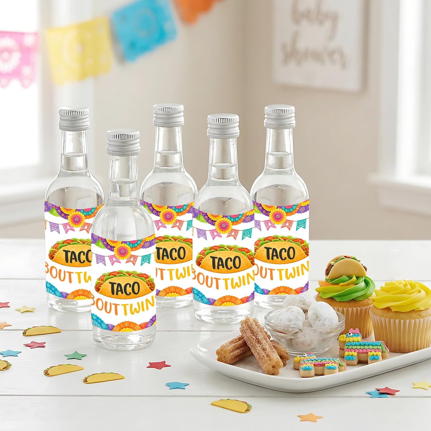 Taco Bout Twins Baby Shower Decorations 50PCS Taco Bout A Baby Shower Mini Wine & Champagne Bottle Labels Stickers for Mexican Fiesta Gender Reveal Pregnancy Announcement Party Supplies Favors