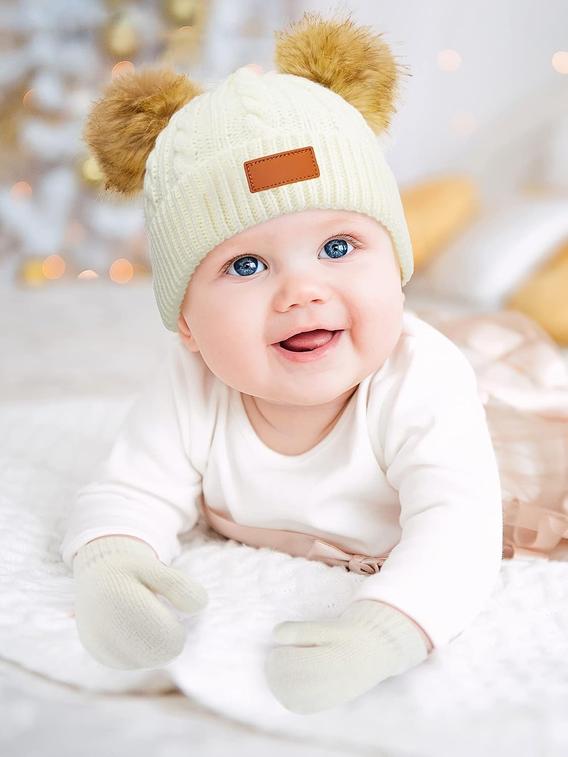 SATINIOR 3 Set Toddler Hat Glove Set, Kids Winter Hats Warm Knitted Beanie Mittens Gloves with Bow for Baby Girls Boys 0-6Y (White, Gray, Black)