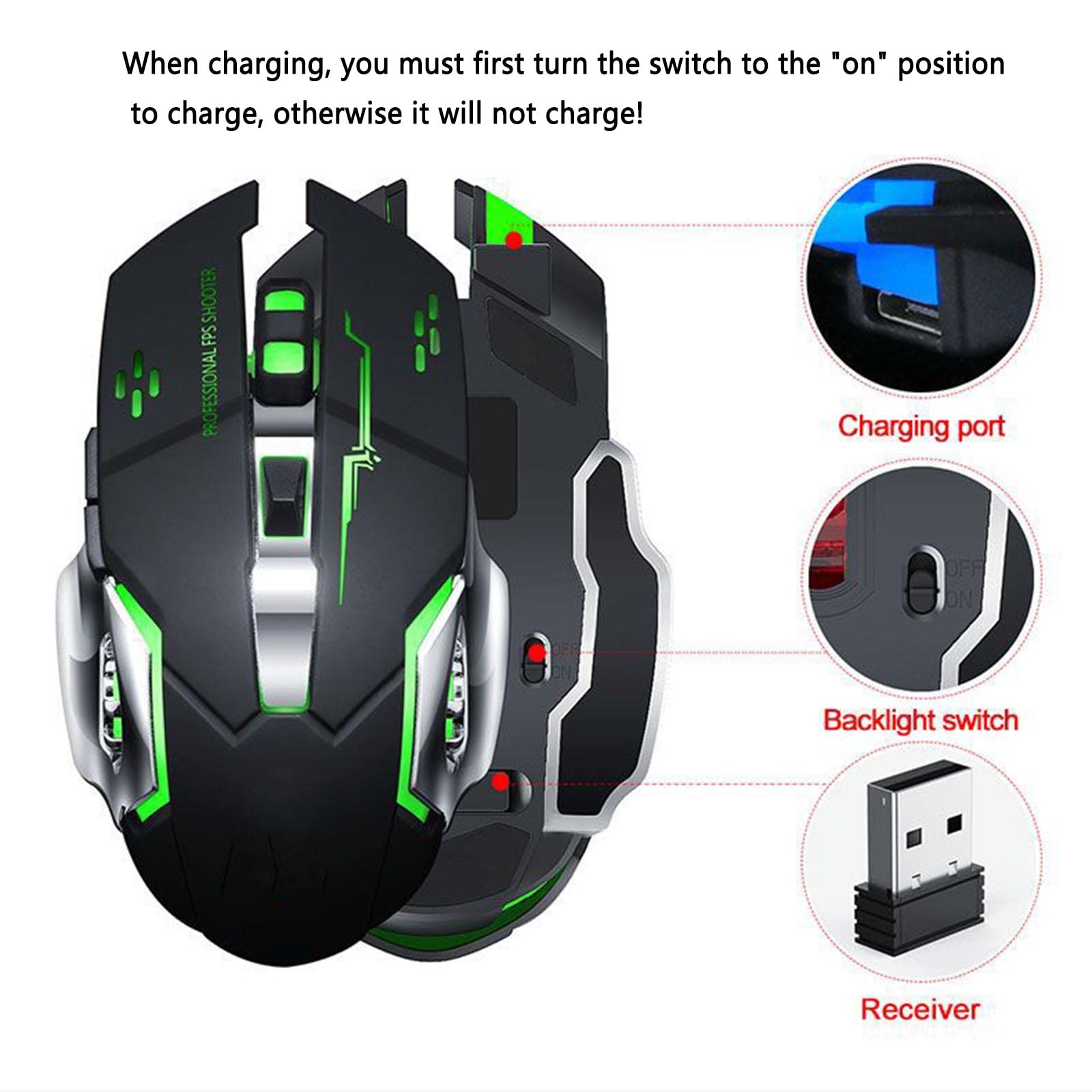 Mysz Mysz bezprzewodowa Mysz komputerowa do laptopa USB do gier Bluetooth Ergonomiczna mysz Urządzenie wskazujące Fotoelektryczny akumulator 2,4G(Grijs)
