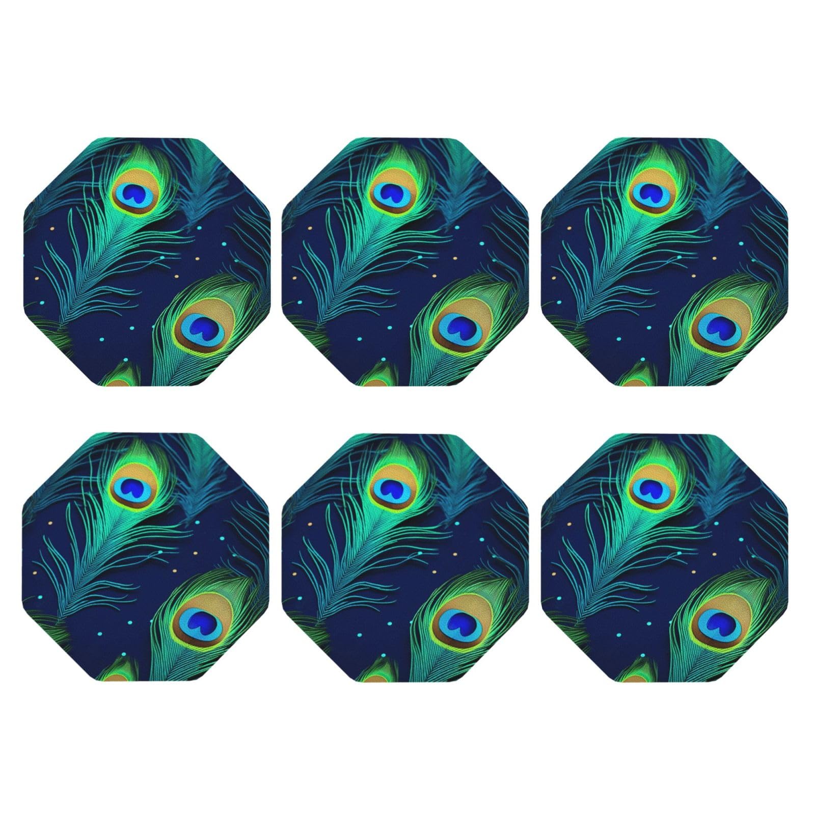 6pcs Leather Coasters for Drinks, Peacock Feather Drink Coasters for Tabletop Protection, 4" Cup Coasters for Coffee Table Decor, Non-Slip Drinking Cup Mat for Hot Or Cold Drink