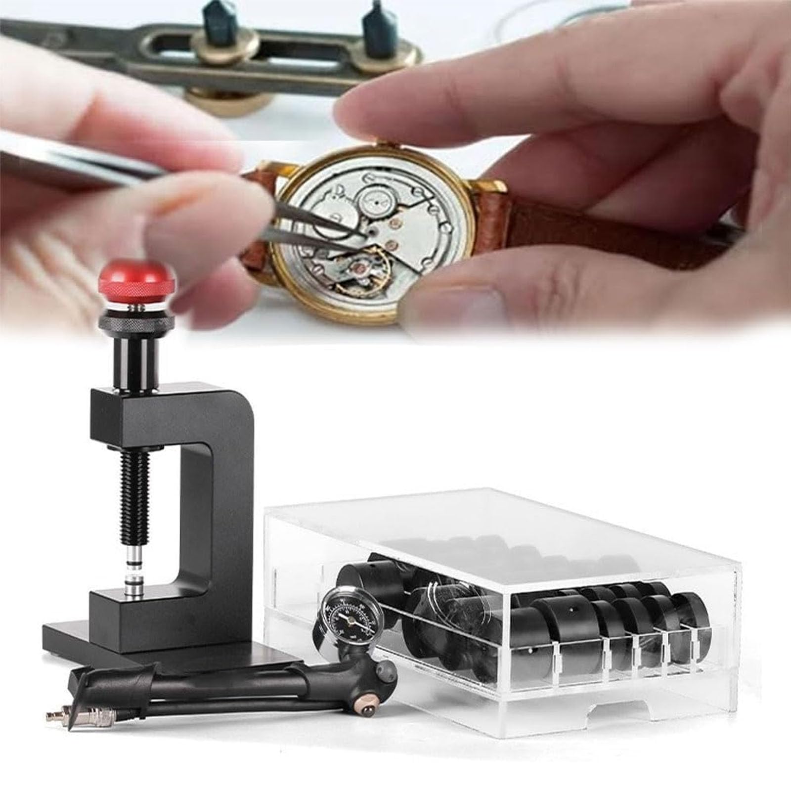 Mavoli Professionelles Set Zum Einpressen Von Uhrenlünetten, Reparaturset Für Uhrenglas Mit 33 Matrizen Und 9 Befestigungshaltern, 360° Drehbarer Spindel, Aufbewahrungsbox Für Uhrmacher Und