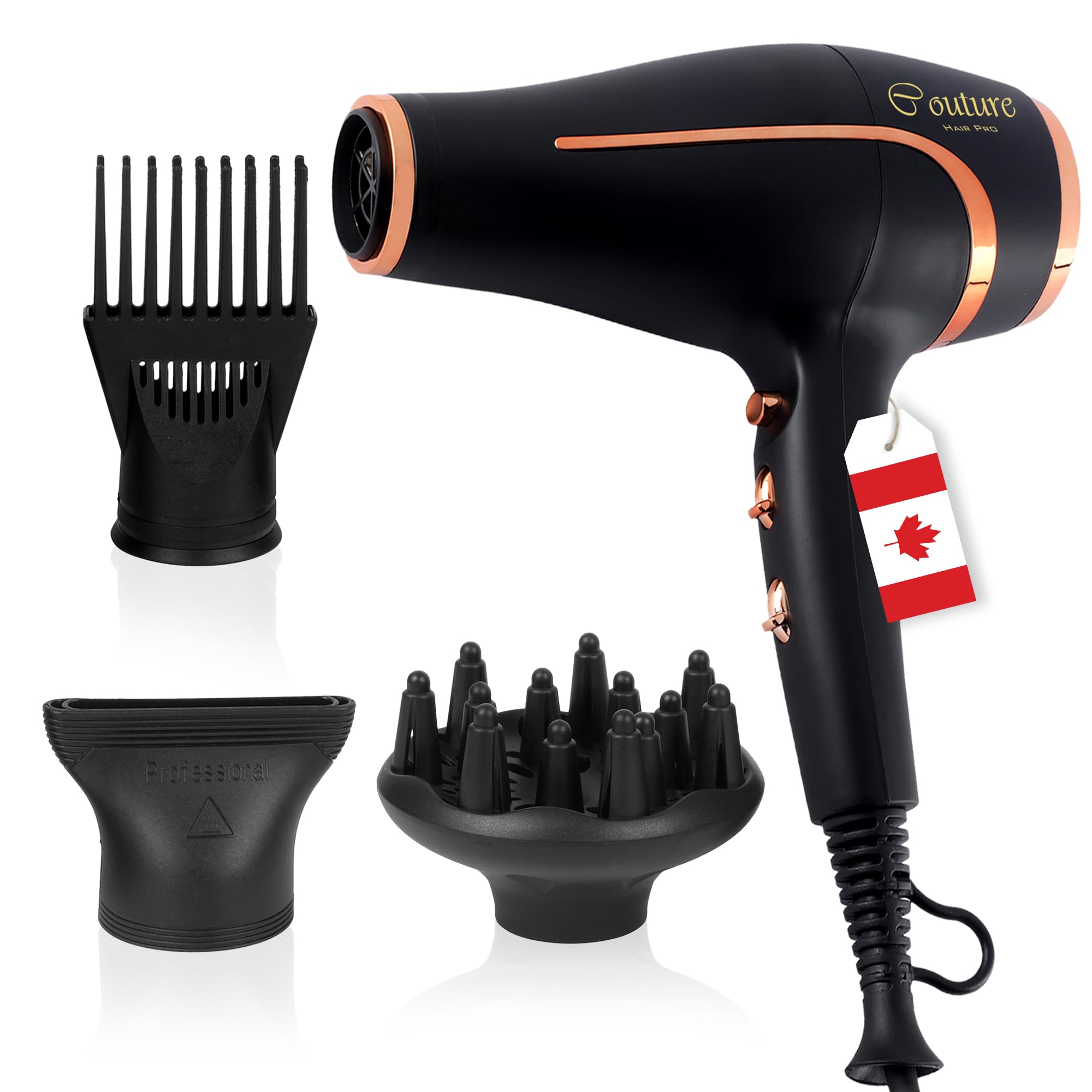 Couture Hair Pro 2500W Professional Hair Dryer with 3 attachments - 110,000 RPM High-Speed, Overheat Protection, 6 Temperature Settings (High Power Brushless Motor)