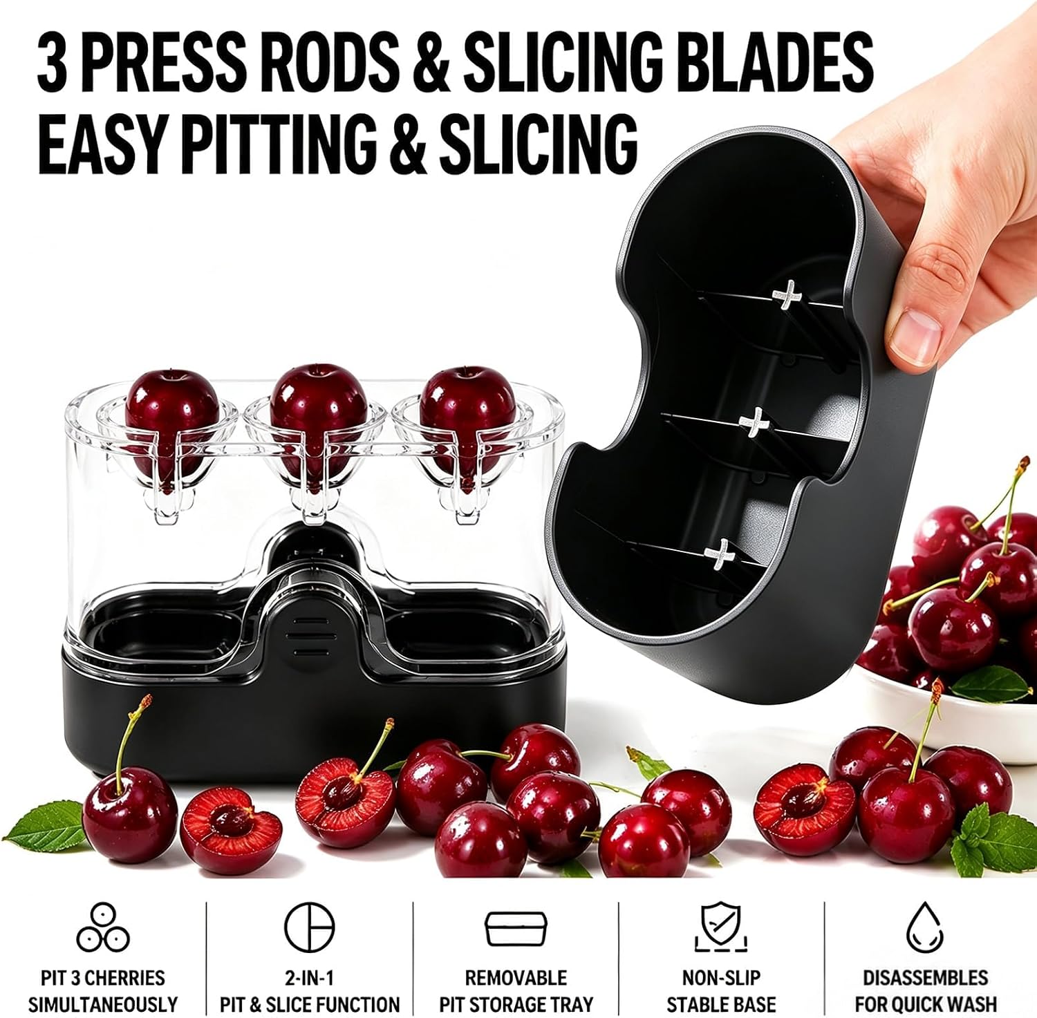 NOVANO Cherry Pitter Tool,2-in-1 Cherry Pitter & Half Slicer, Mess-Free Manual Cherry Stoner with Splatter Guard,3-Hole Cherry Seed Remover with Built-in Blade, Easy Clean Kitchen Gadget