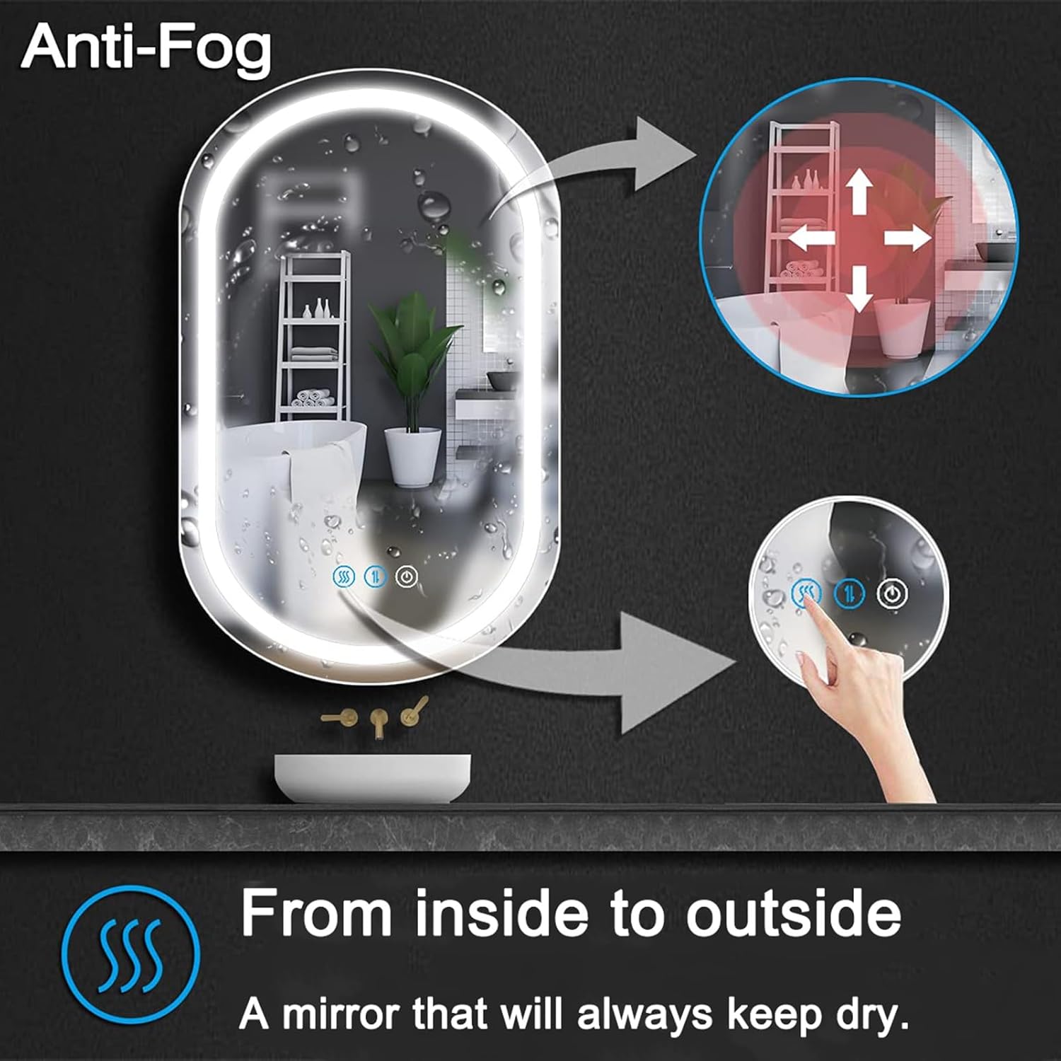 オーバルLEDウォールミラー、50 * 80cmミラーライト付きバスルーム化粧台3000K / 4000K / 6000Kフロントお