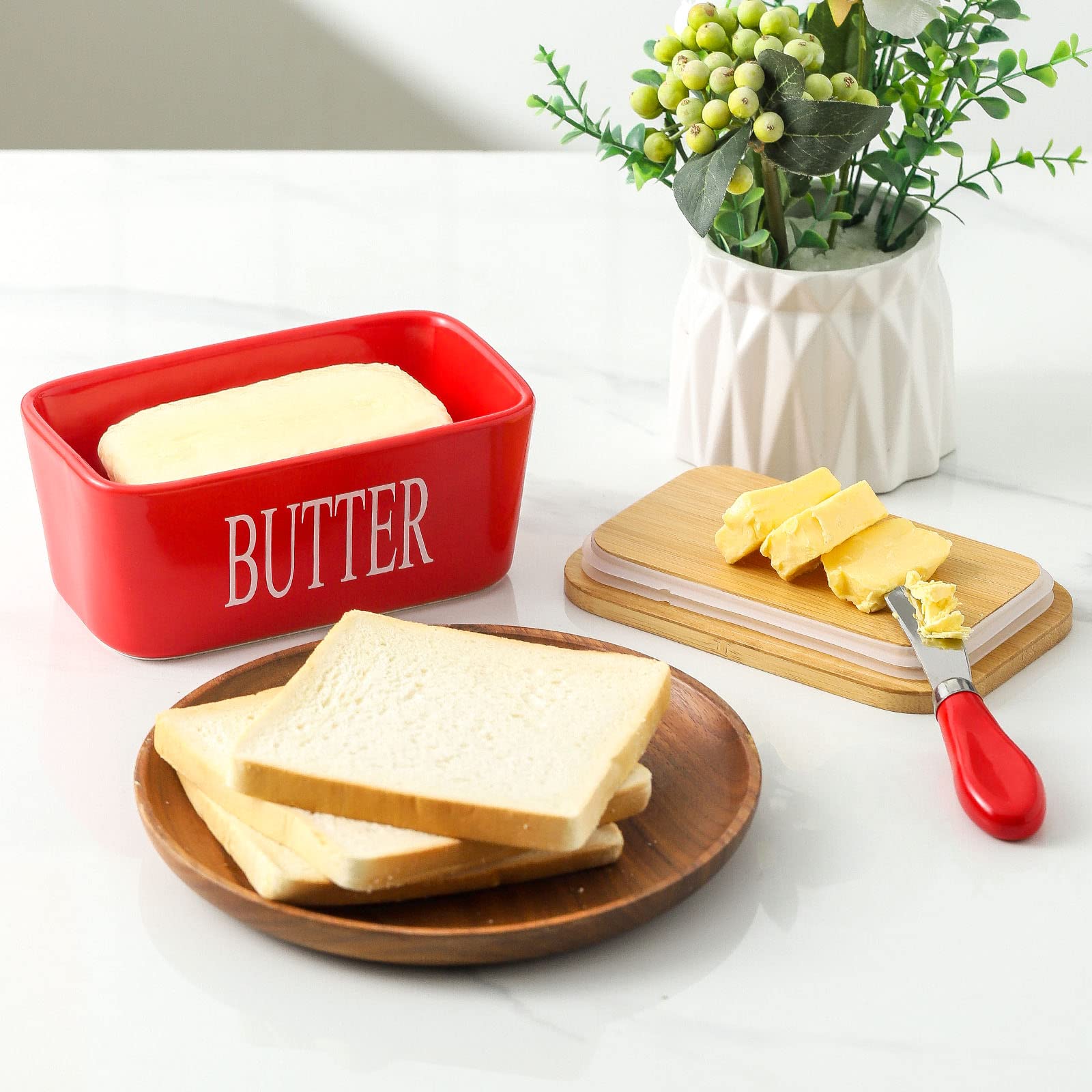 Hasense Butter Dish with Bamboo Lid and Knife,650ml Large Butter Keeper Container for Counter, Airtight Butter Holder with Cover for Kitchen,Red 2