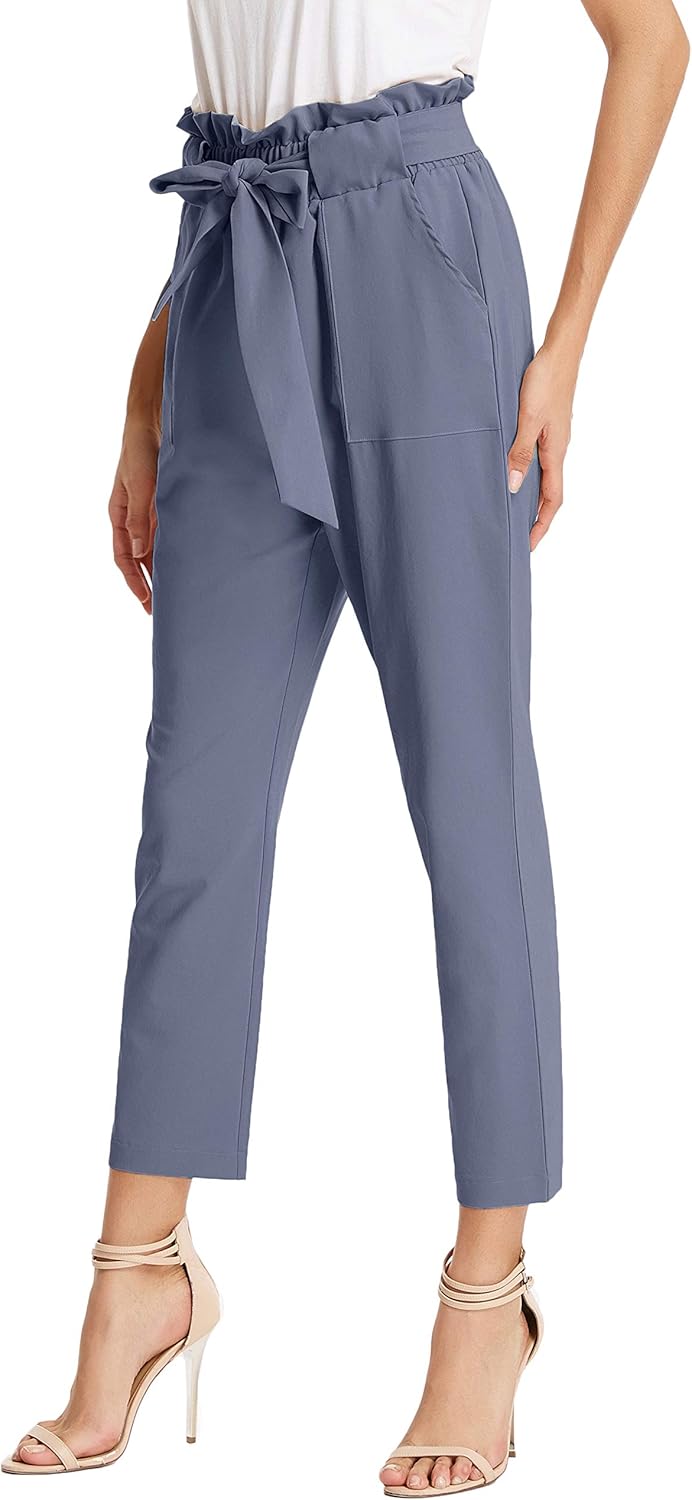 GRACE KARIN Women's Cropped Paper Bag Waist Pants with Pockets Small Blue-gray