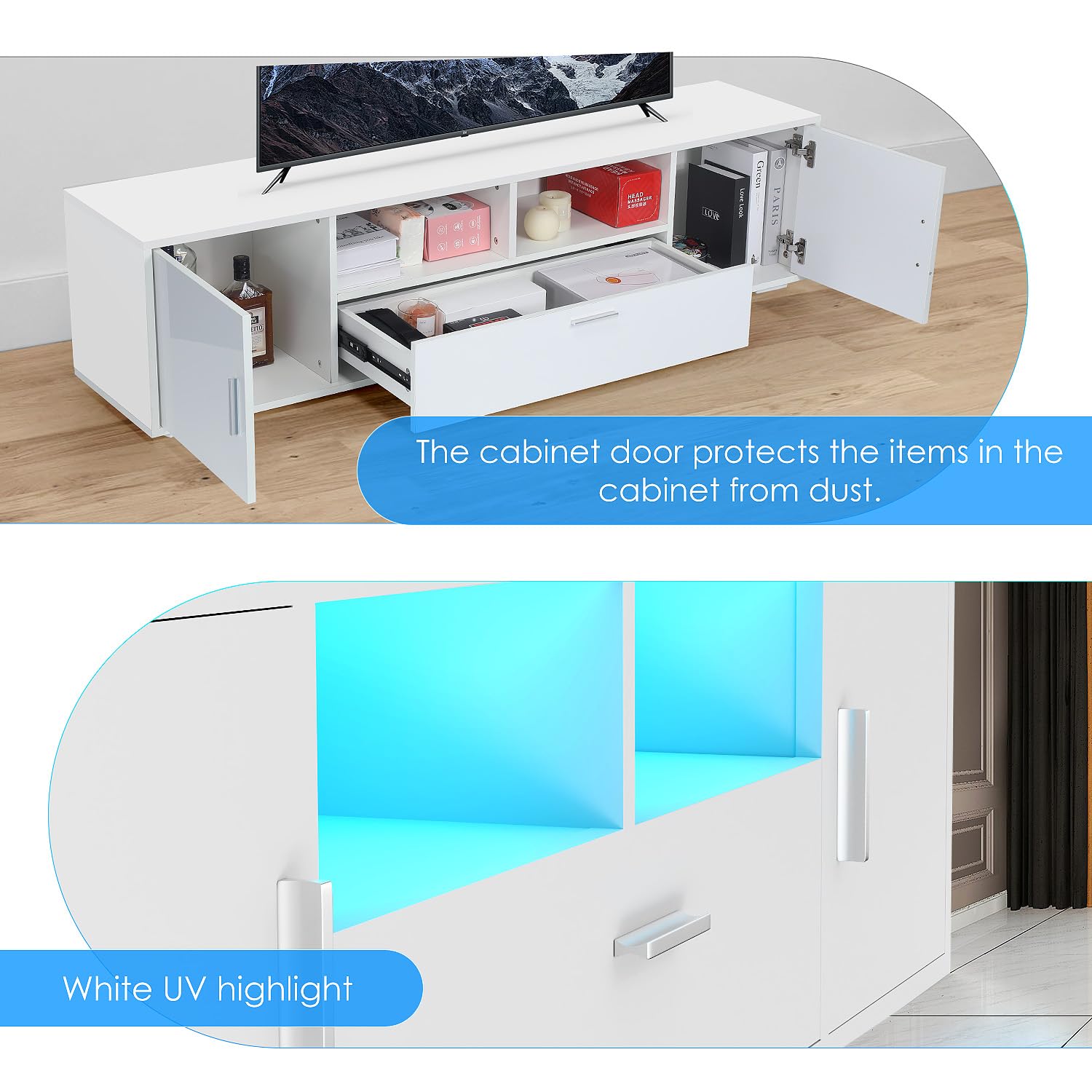 TV-Schrank LED, TV Lowboard mit Großem Stauraum, Fernsehtisch mit RGB LED-Beleuchtung, TV Board für Wohnzimmer Schlafzimmer, Weiß 160x 35 x 40 cm
