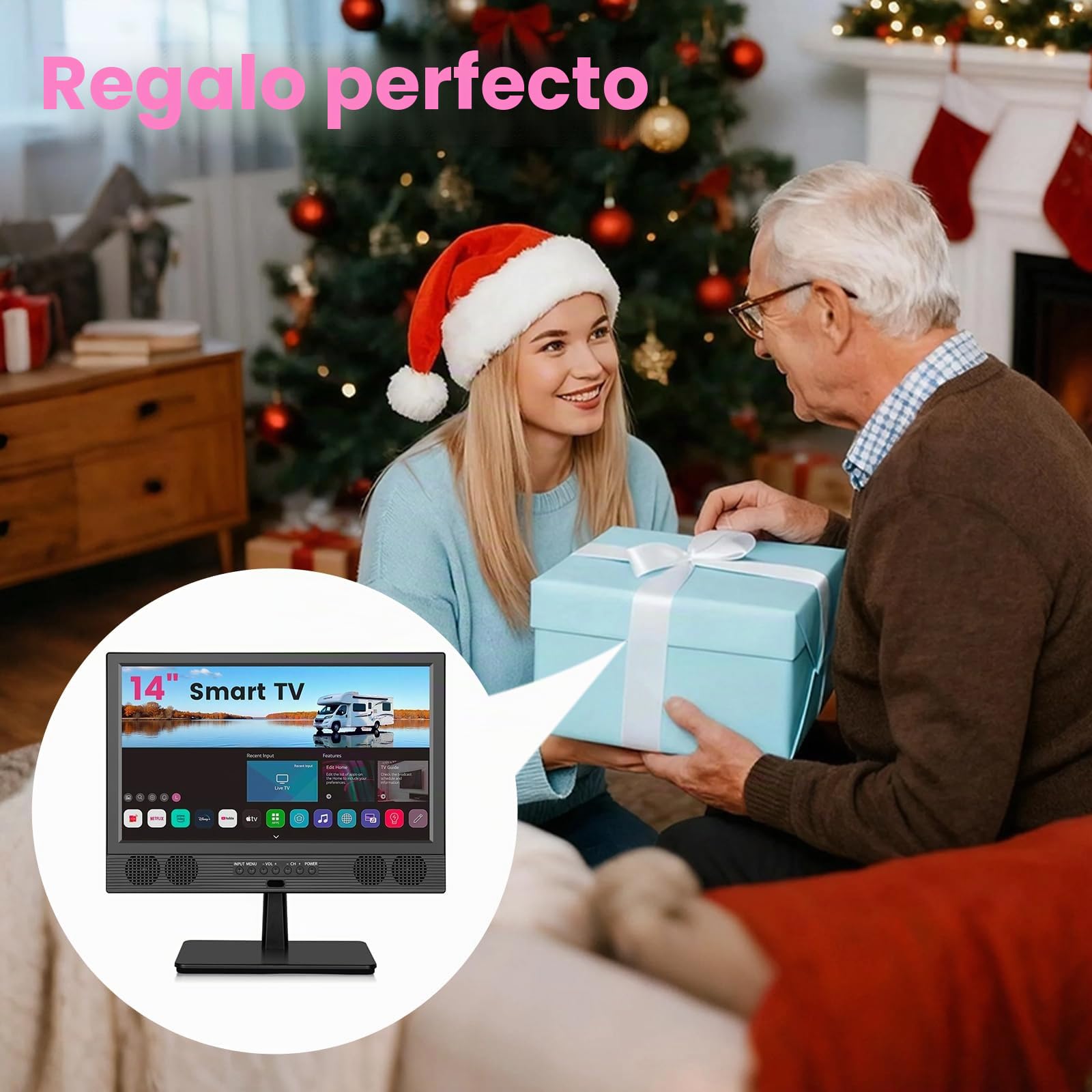 ZOSHING Smart TV de 14 pulgadas, pequeño televisor con entrada HDMI, sintonizador digital integrado/USB compatible con montaje en pared, para dormitorio, cocina, caravana, incluye control remoto