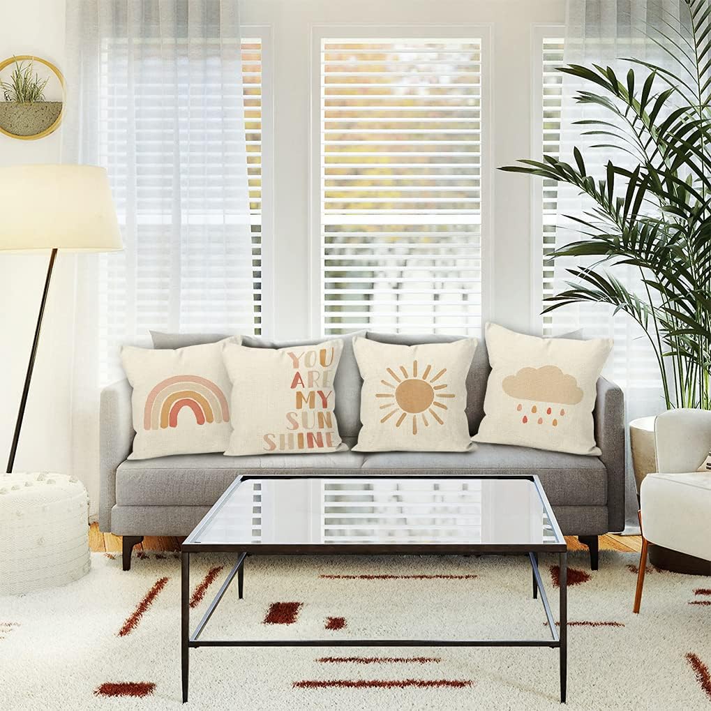 YUESHARE Boho Watercolor Rainbow Sun Cloud Rain You Are My Sunshine Linen Throw Pillow Cover 18 x 18 Inch Set of 4, Baby shower Gifts for Home Kids Room Bedroom Nursery Decor - Image 2