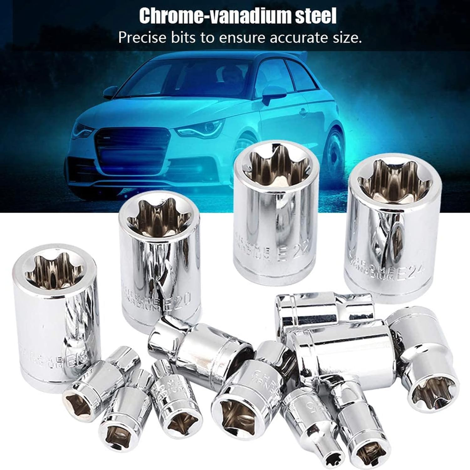 14x E Torx Socket Set Female Start Bit External Hex Torque E4-E24 1/4" 3/8" 1/2"