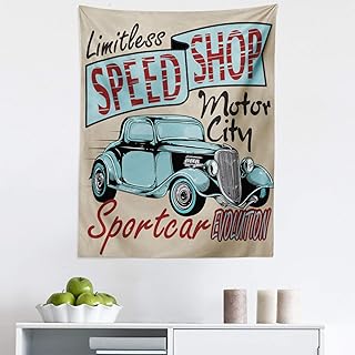 Ambesonne Retro Tapestry, Nostalgic Advertising Print Antique Sports Auto in Retro Rusty Colors Art Design, Fabric Wall Hanging Decor for Bedroom Living Room Dorm, 23" X 28", Teal Red Brown