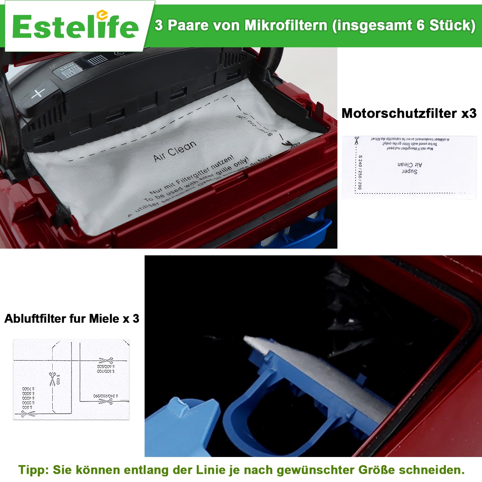 Filtro per Miele aspirapolvere Active Airclean Plus 50 Compact C1&C2, Complete C2&C3, S8340 S4000 S5000 S6000 S8000, 6 sacchetti GN + 3 filtri HEPA+6 microfiltri, filtro aspirapolvere per Miele serie
