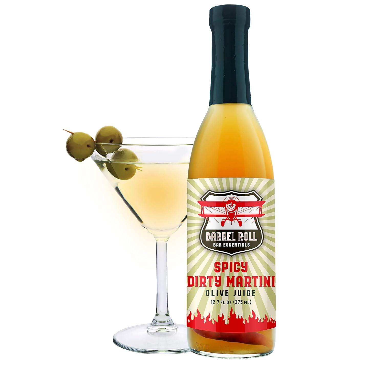 Barrel Roll Cocktail Mixers - Spicy Dirty Martini Mix w/ Piri Piri Peppers - Spicy Olive Brine - USA Small Batch Drink Mix - Spicy Olive Juice - 25.4 Oz Spicy Martini Juice – Vodka Gin Vermouth Mixer