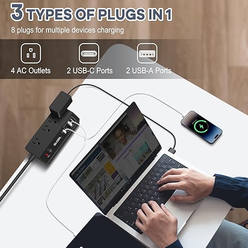 Miniatura 2 de Regleta de alimentación con abrazadera de escritorio, estación de carga rápida USB C de 20 W, cable de extensión de enchufe plano de 10 pies con 4