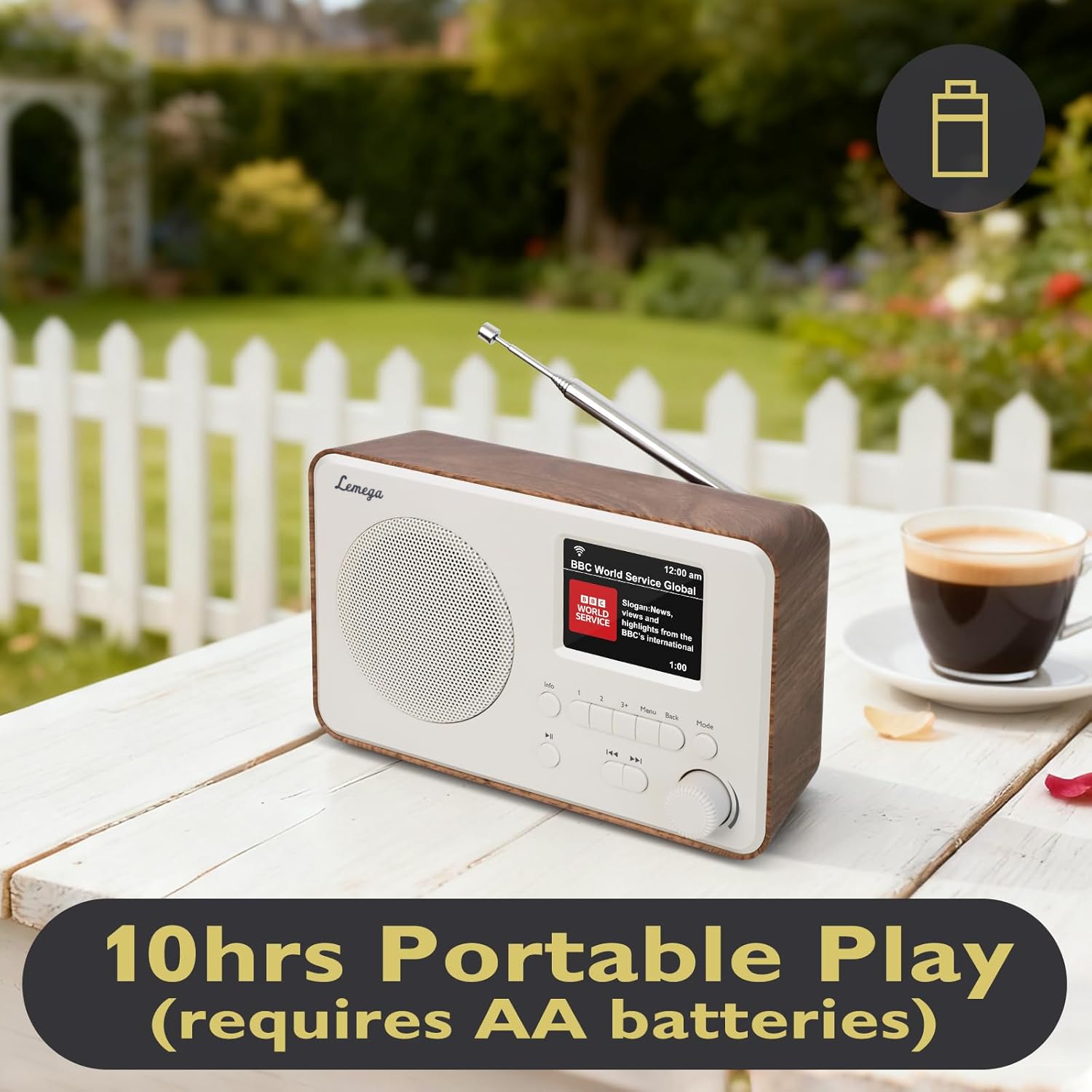 Lemega IR1S Internet Radio shown outdoors, emphasizing its portability with battery power