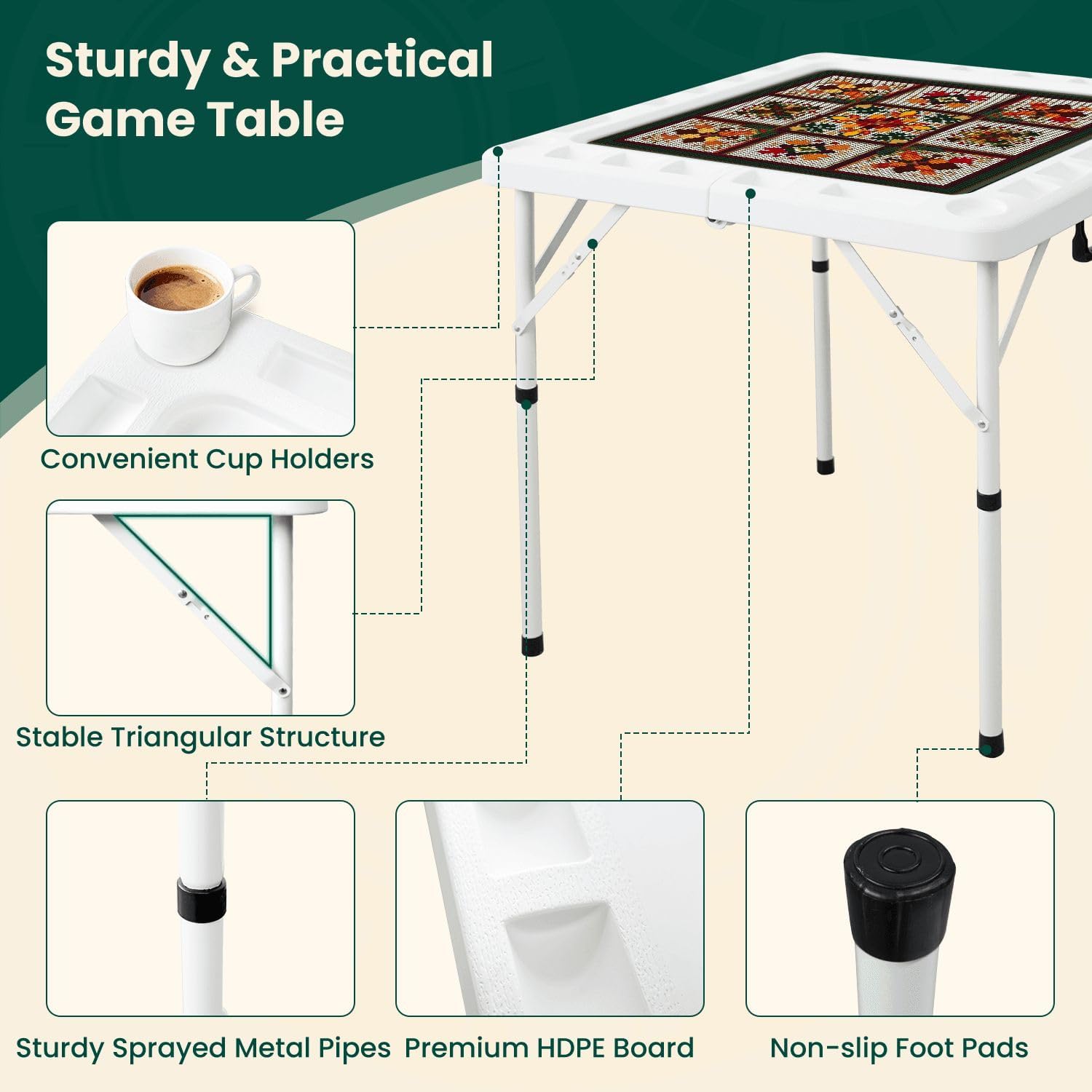 Folding Mahjong Table with Autumn Quilt Mosaic Floral Patchwork Blocks Warm Earth Tones Wear-Resistant Mahjong Mat, 4 Cup Holders & Chip Trays for 4 Players Square Portable Card Table for Poker Domino