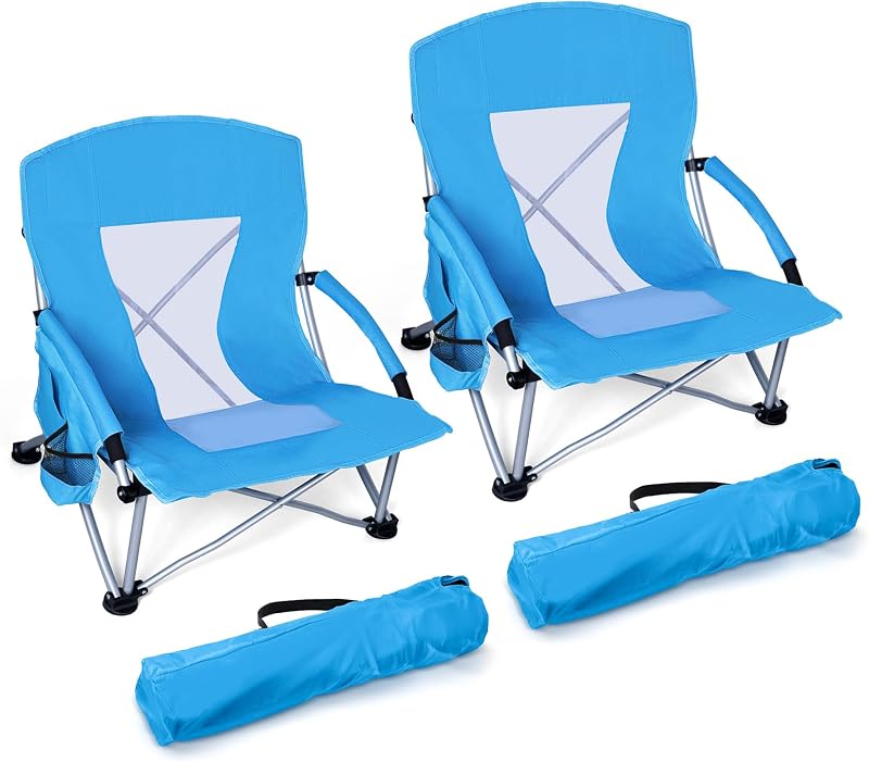 Joyfair Beach Camping Chair for Adults, 2 Pack Large Folding Chairs, Blue | Heavy Duty Mid-Height Big Outdoor Portable Camp Chair for Fishing, Lawn, Sport, Cup Holder & Storage Pocket, Carry Bag