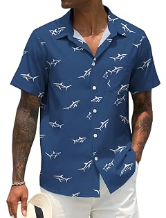 Men Button Up Short Sleeve Hawaiian Shirt Summer Tropical Beach Shirts for Vacation Fishing
