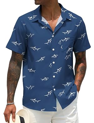 Men Button Up Short Sleeve Hawaiian Shirt Summer Tropical Beach Shirts for Vacation Fishing