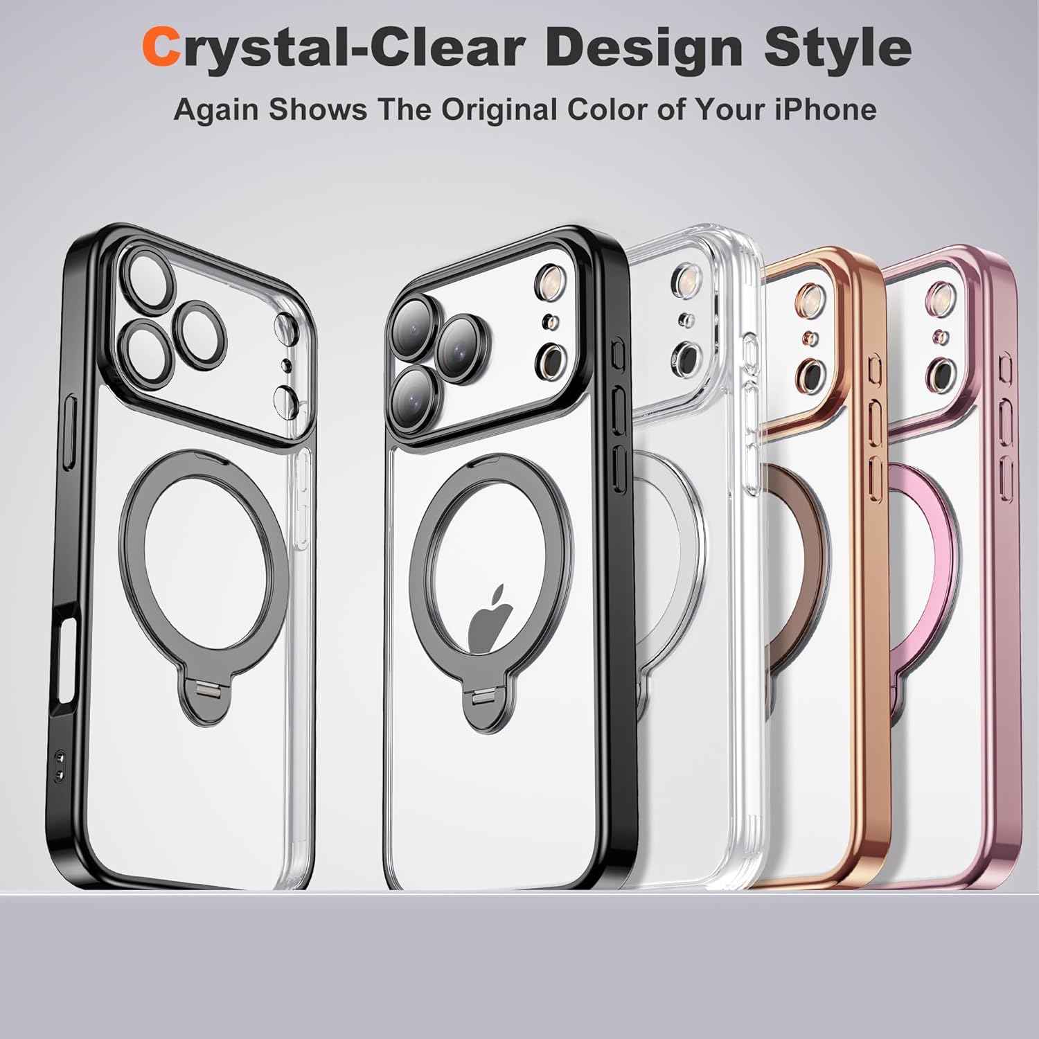 Compatible with iPhone 17 Pro Case with 360° Spin Magnetic Ring Stand [Compatible with Mag-Safe] Camera Lens Protector Plating Drop Clear Phone Case for iPhone 17 Pro 6.3, Black