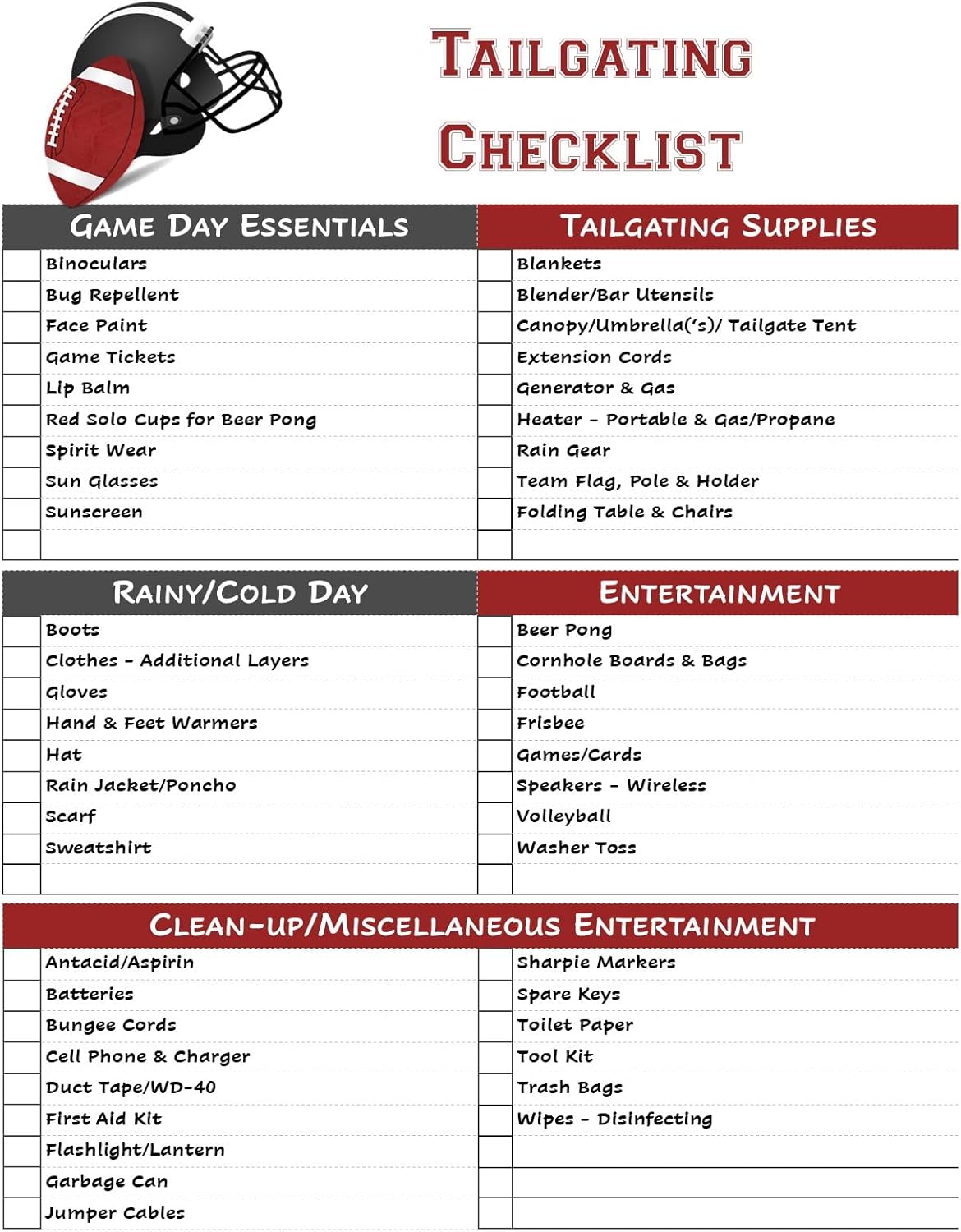 Tailgating Packing Essentials Checklist - Laminated Ultimate List to Never Forget Essential Items! Double Sided and Great for Football or Concert Tailgate Parties