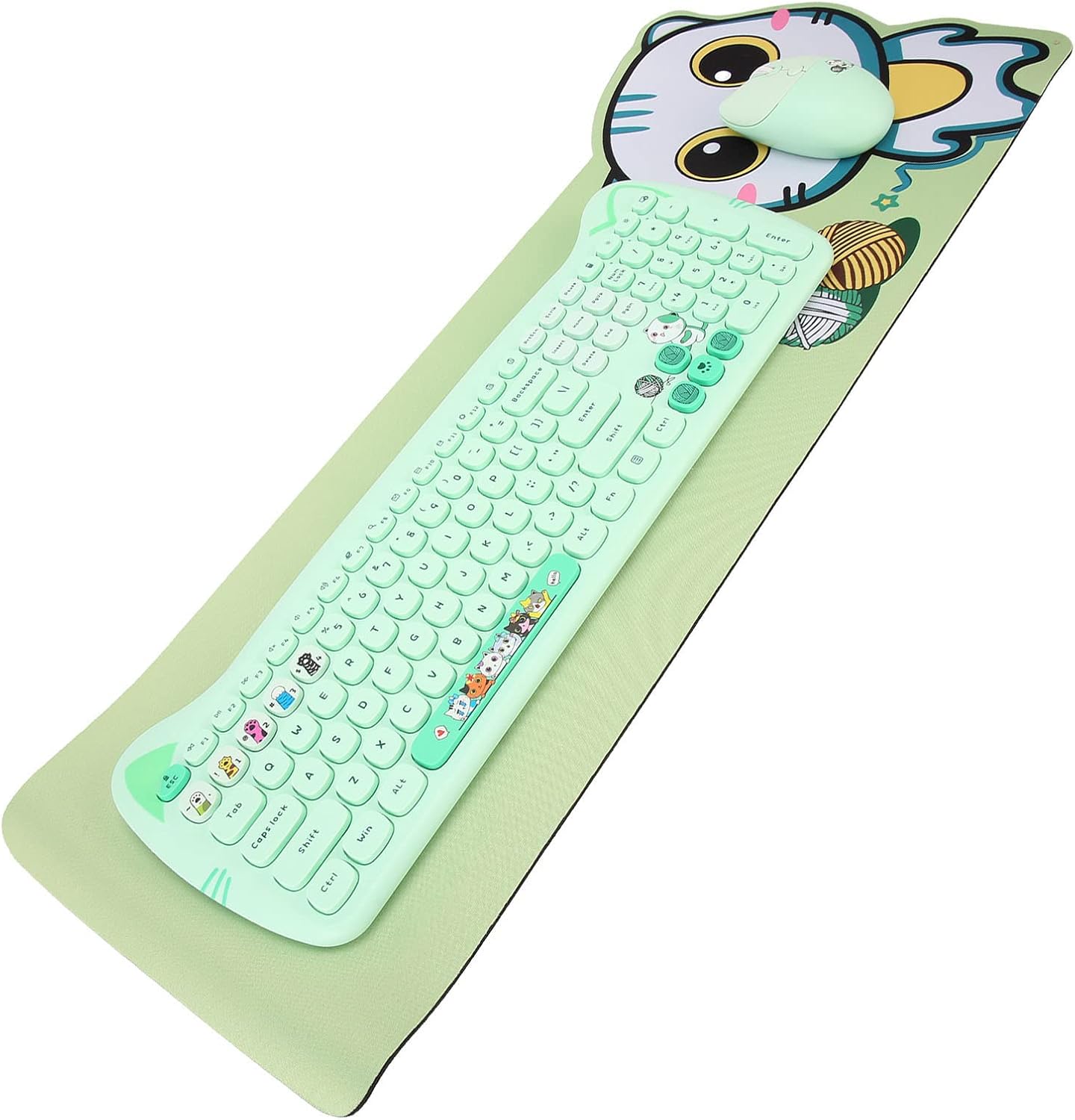 Keyboard and Mouse Combo, Cute Cat Theme USB Slim Keyboard Mouse Set, 2.4GHz Full Size Cute Keyboard with 110 Round Keys, for 10,8,7,XP, OS