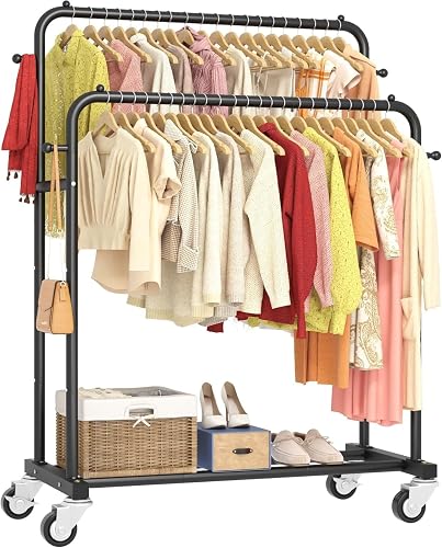 Double Rod Garment Rack with Wheels, Bottom Shelf & 4 Hooks, Black