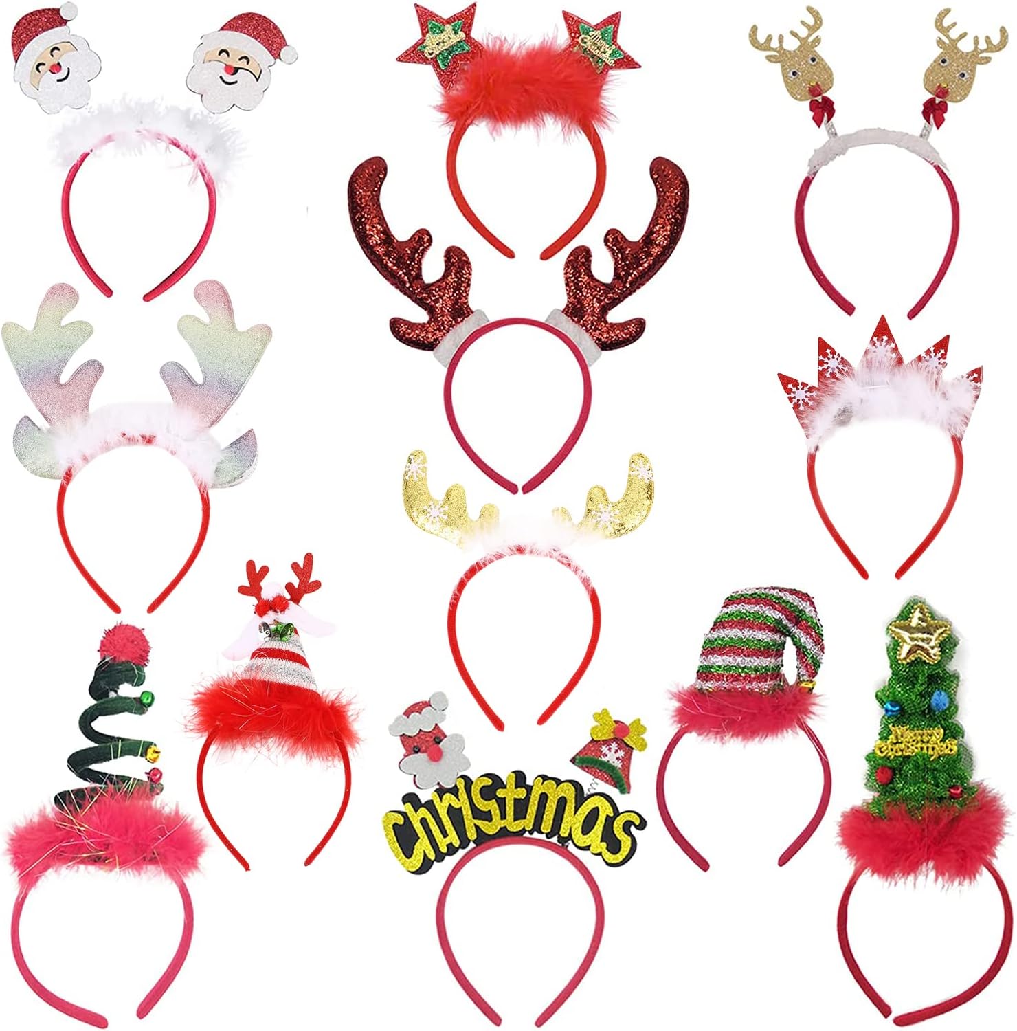 12 Pack Christmas Headbands, Fancy Elf Reindeer Antlers Xmas Tree Bells Santa Hat Headbands for Kids Adults Party Favors