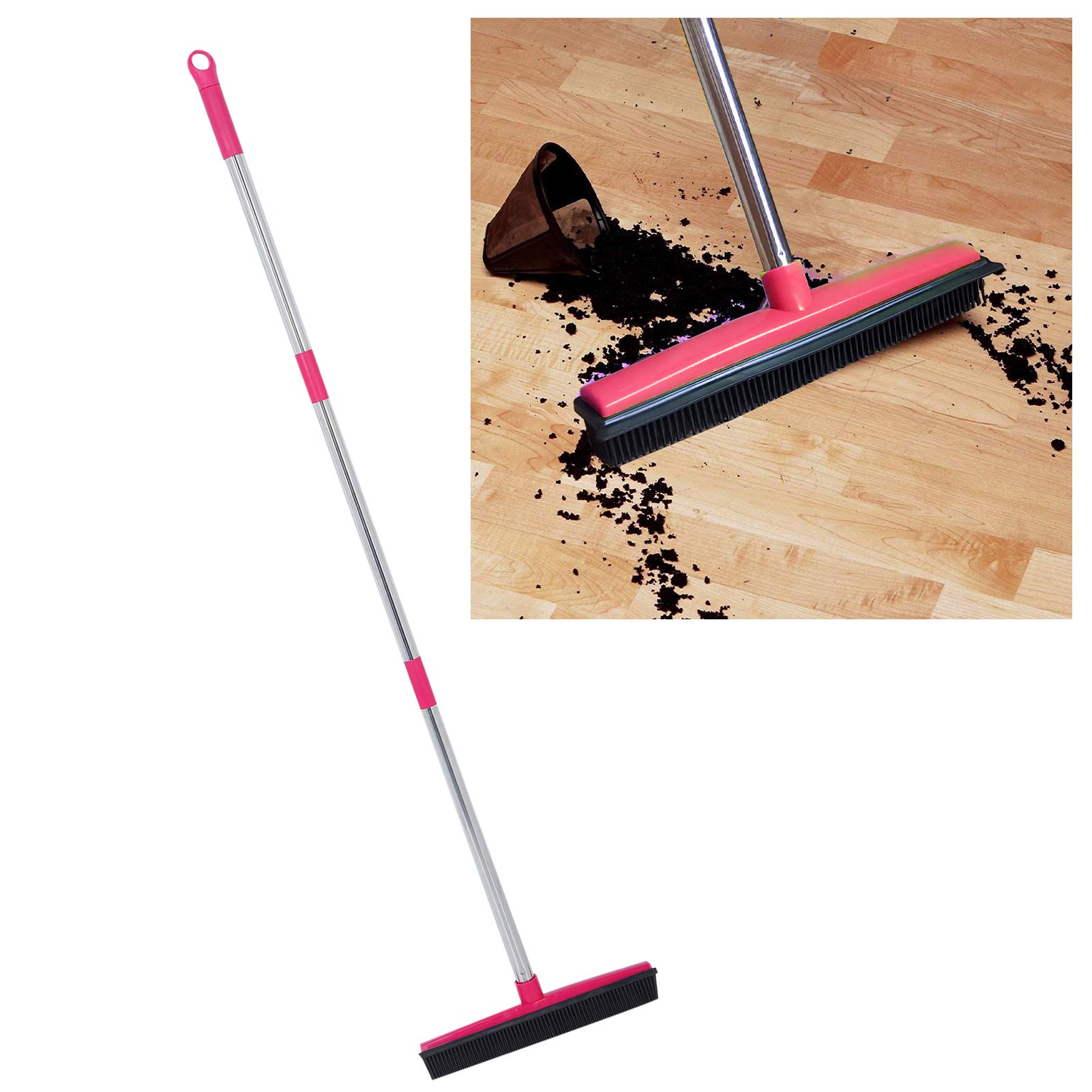 Gummibesen, Teppichrechen massiver, Gummikopf dreiteiliger Verstellbarer Teleskopstiel Bodenabzieher für Tierhaare Teppiche Fliesen Harte Böden Glasfenster 122cm Rosa