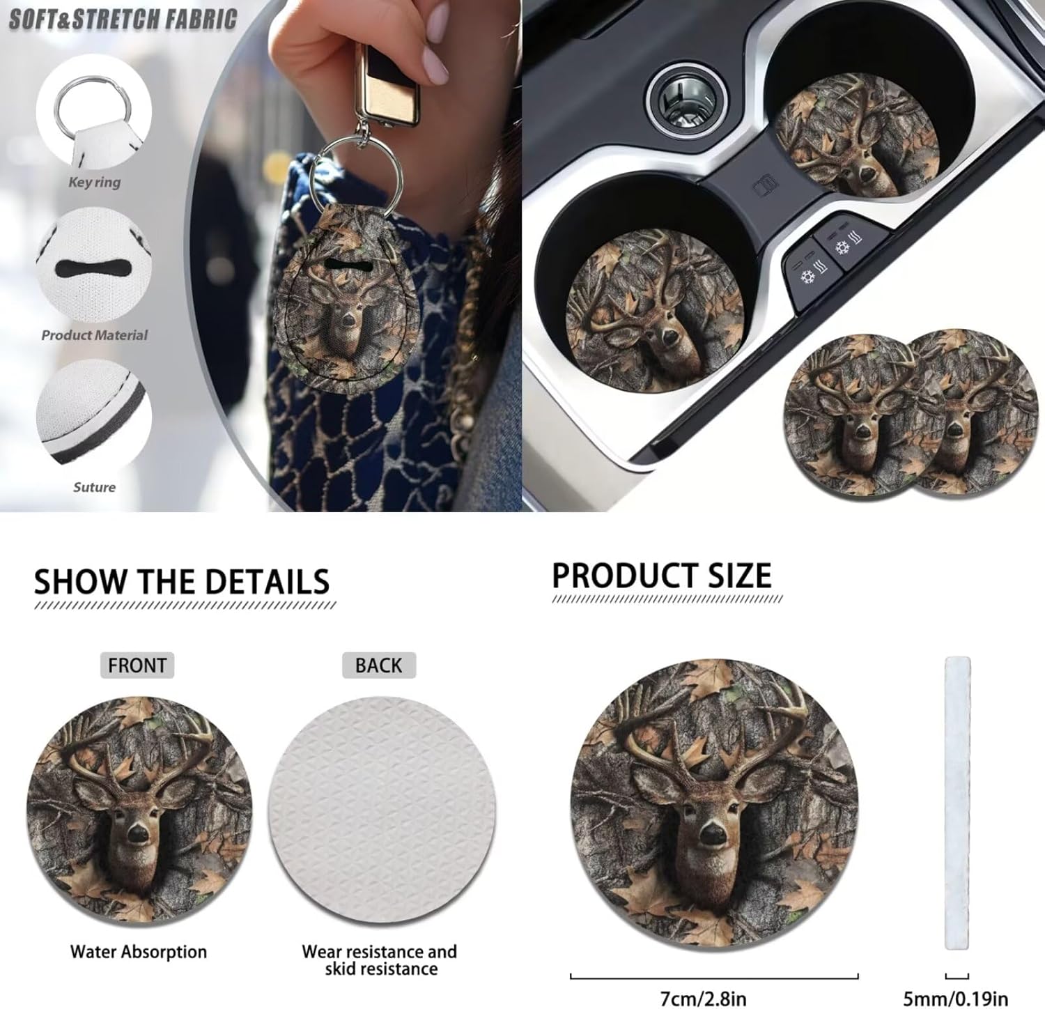 CLOHOMIN Camo Hunting Car Seat Cover Full Set Car Floor Mat, Deer Seat Belt Cover, Steering Wheel Cover 17 PCS Car Accessories Universal Fit for Car SUV Truck Sedan Van