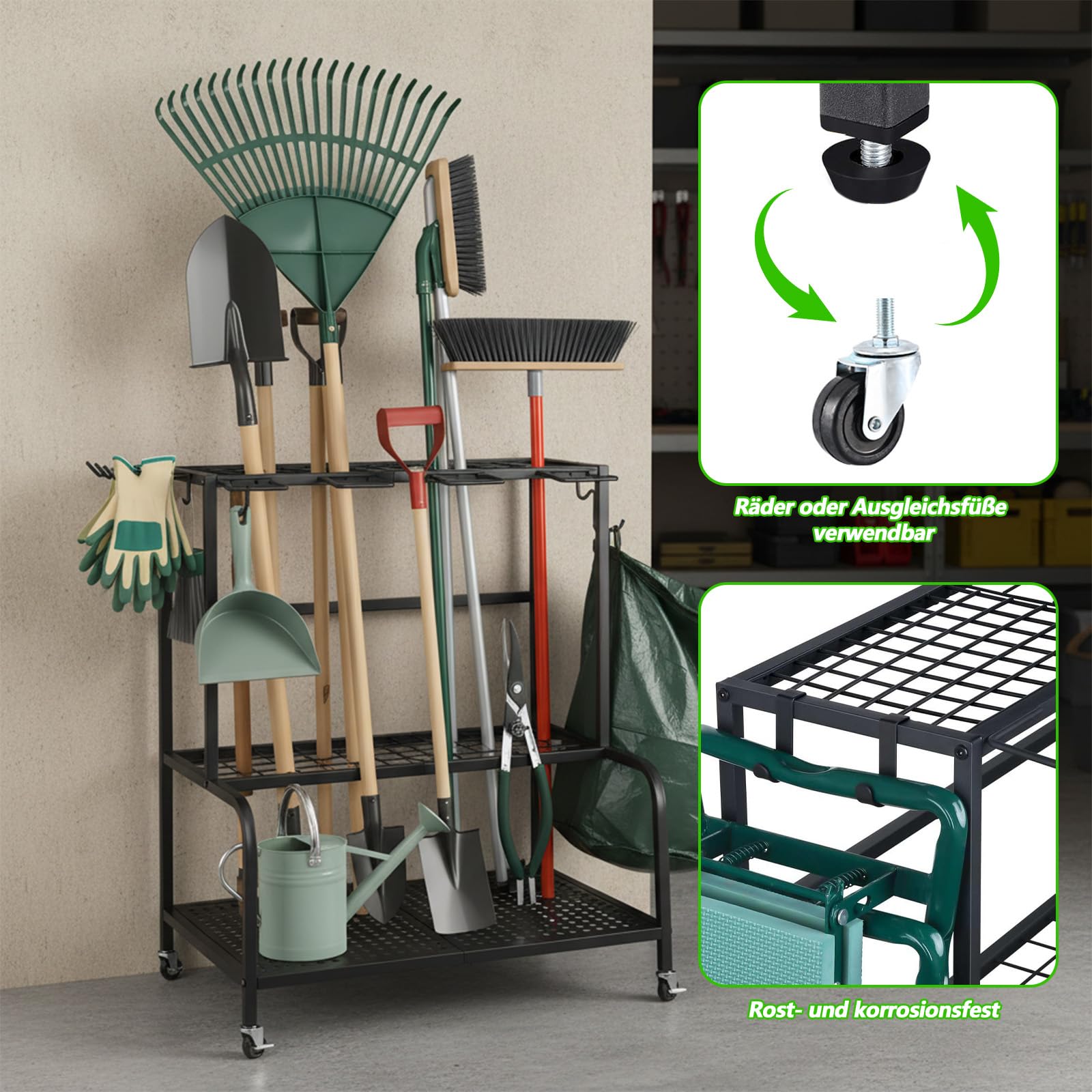 Gartengeräte Ständer 61X41X66cm Gerätehalter Organizer mit 78 Ablagefächern, Gartengeräteaufbewahrungsregal mit 11 Haken und 360° Schwenkbaren Rädern, Metall Gartenwerkzeug Halter Schwarz