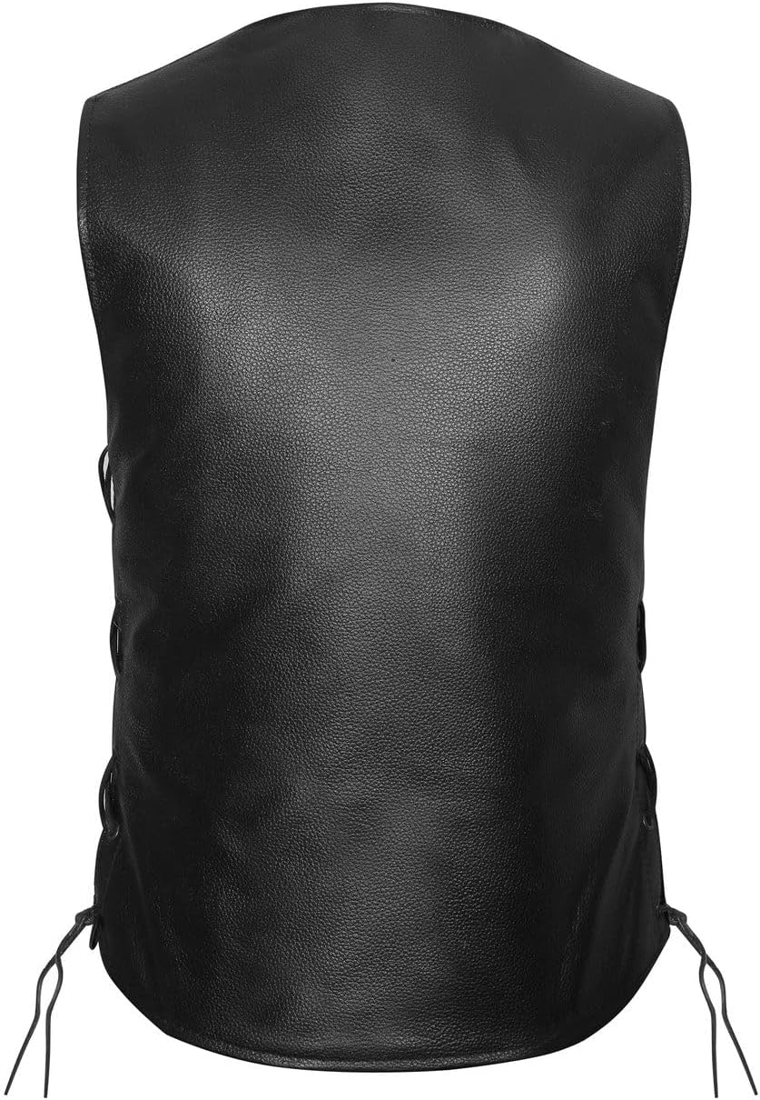 Women's Black Five Snap Leather Motorcycle Vest with Side Laces & Interior Pocket, Classic V-Neck Biker Style Vest