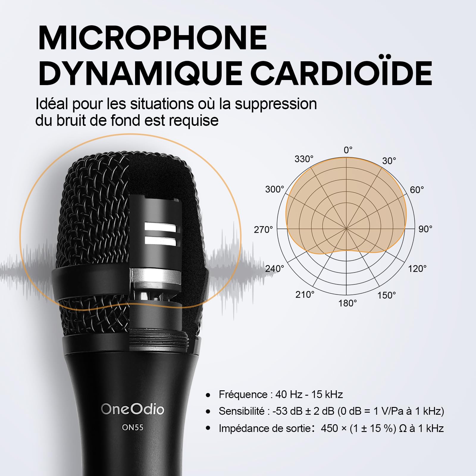 OneOdio Microphone Dynamique Professionnel avec Clip ON55, Câble XLR Filaire de 5 Mètres Durable, Boîtier 100% Métal pour Mariage/Band/Streaming/KTV/Podcast（Gris Argent）