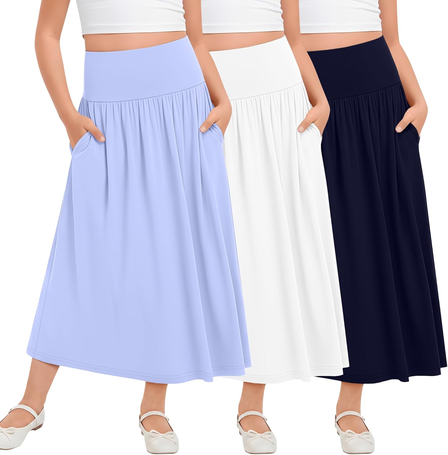 3 Pack Girls Maxi Long Skirt 5-16 Years Ankle Length High Waisted Flowy Pleated Summer Casual Skirts with Pockets