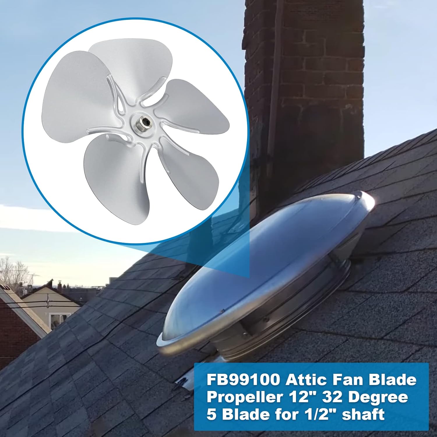 9800528 FB99100 Replacement Attic Fan Blade, 12 Inch 32 Degree 5 Blade 14393 Fan Propeller with Set Screws Fits 1/2 Inch Shaft Power Vent Motor