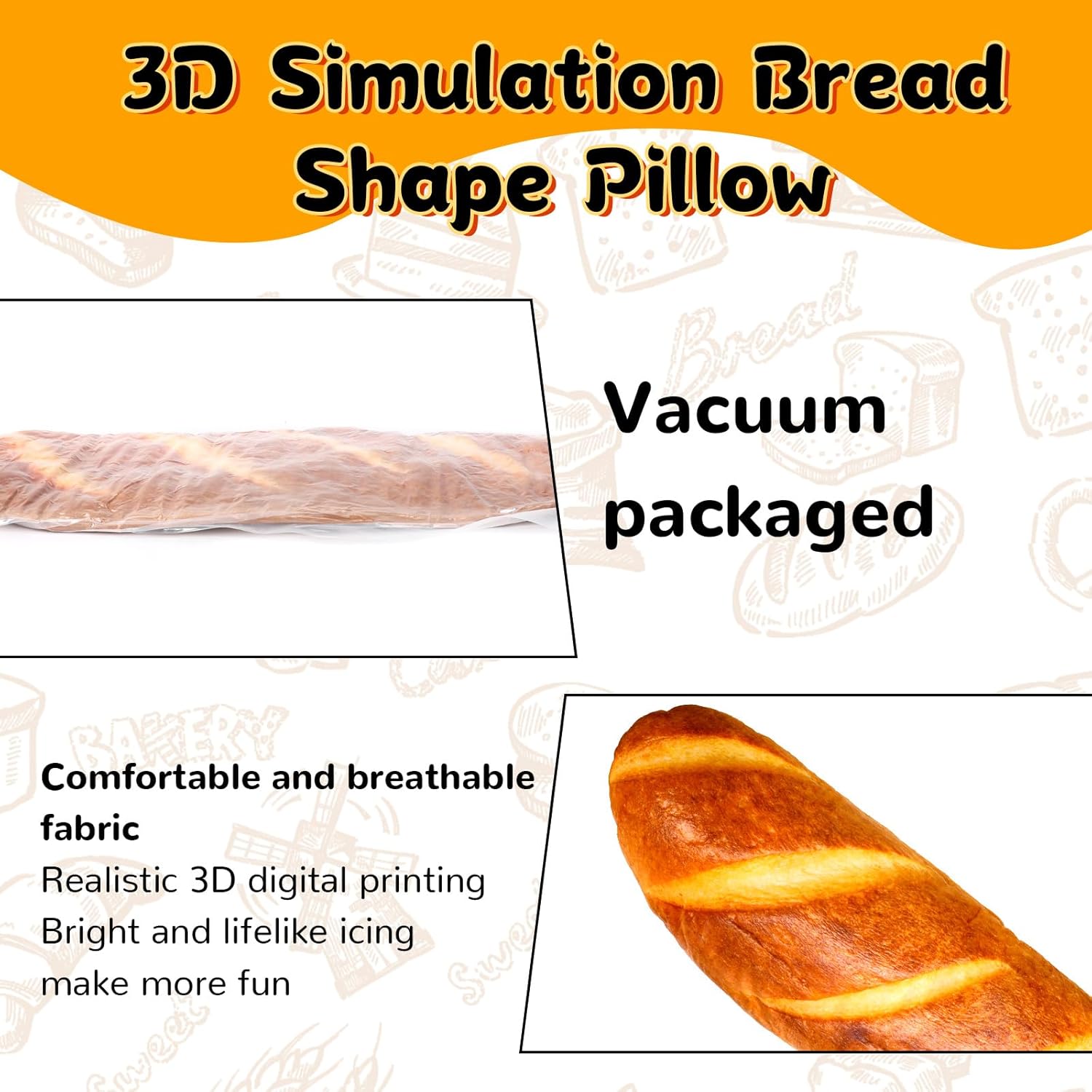 48" Bread Pillow Giant Bread Plush Pillow 3D Simulation Baguette Pillow Funny Body Pillow Food Plush Christmas Stuffed Toys for Girls Boys