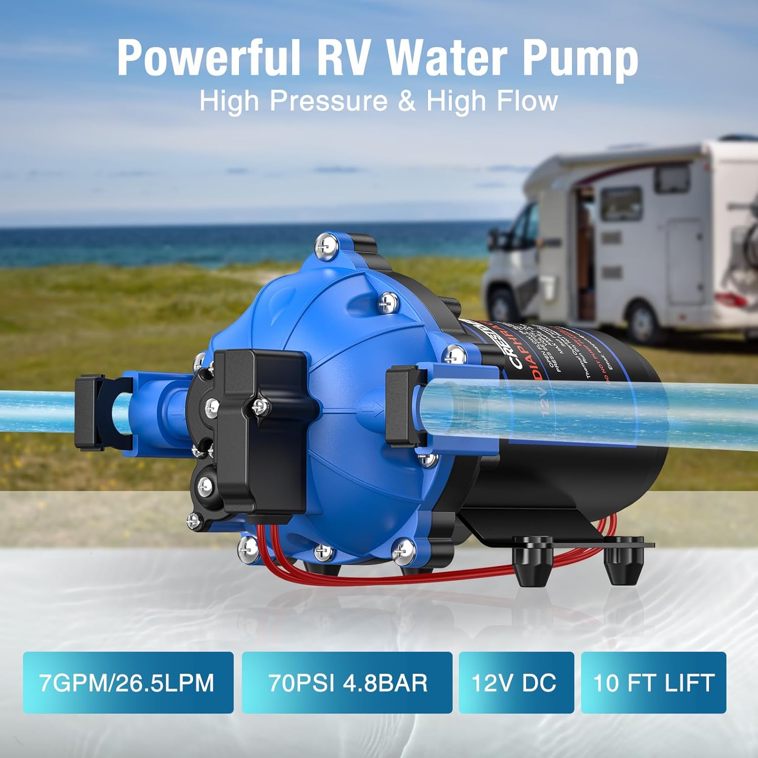 CrestWave 12V RV Water Pump, 7GPM 70PSI, 5-Chamber Diaphragm Pump with Quick Connect Ports, Self-Priming Water Pressure Pump with Pressure Switch & Strainer for RV, Marine, Yacht, Caravan