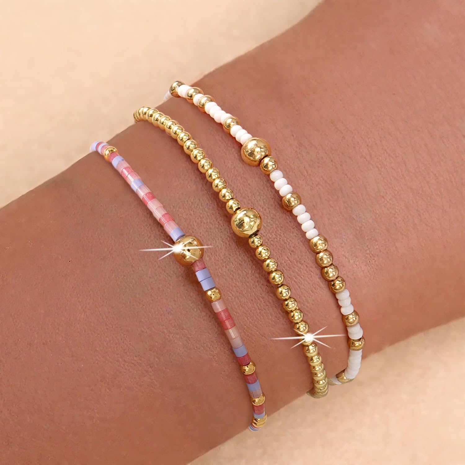 3Pcs Stack Gold Plated Ball Seed Beaded Bracelets Set For Women, Boho Handmade Colorful Cute Unique Stretch Accessories Smooth Jewelry, Summer Beach Daily Party Friendship Gift - Image 2