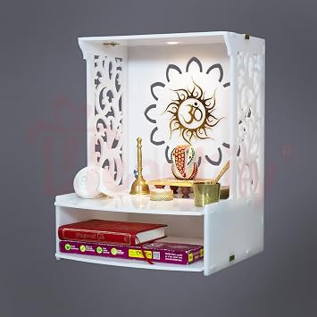 Heartily Acrylic Roli Beautiful Wooden Pooja Stand for Home Temple and Office Puja Mandir, Wall Mounted with LED Spot Light H- 15.5, L- 11.5, W-11 in
