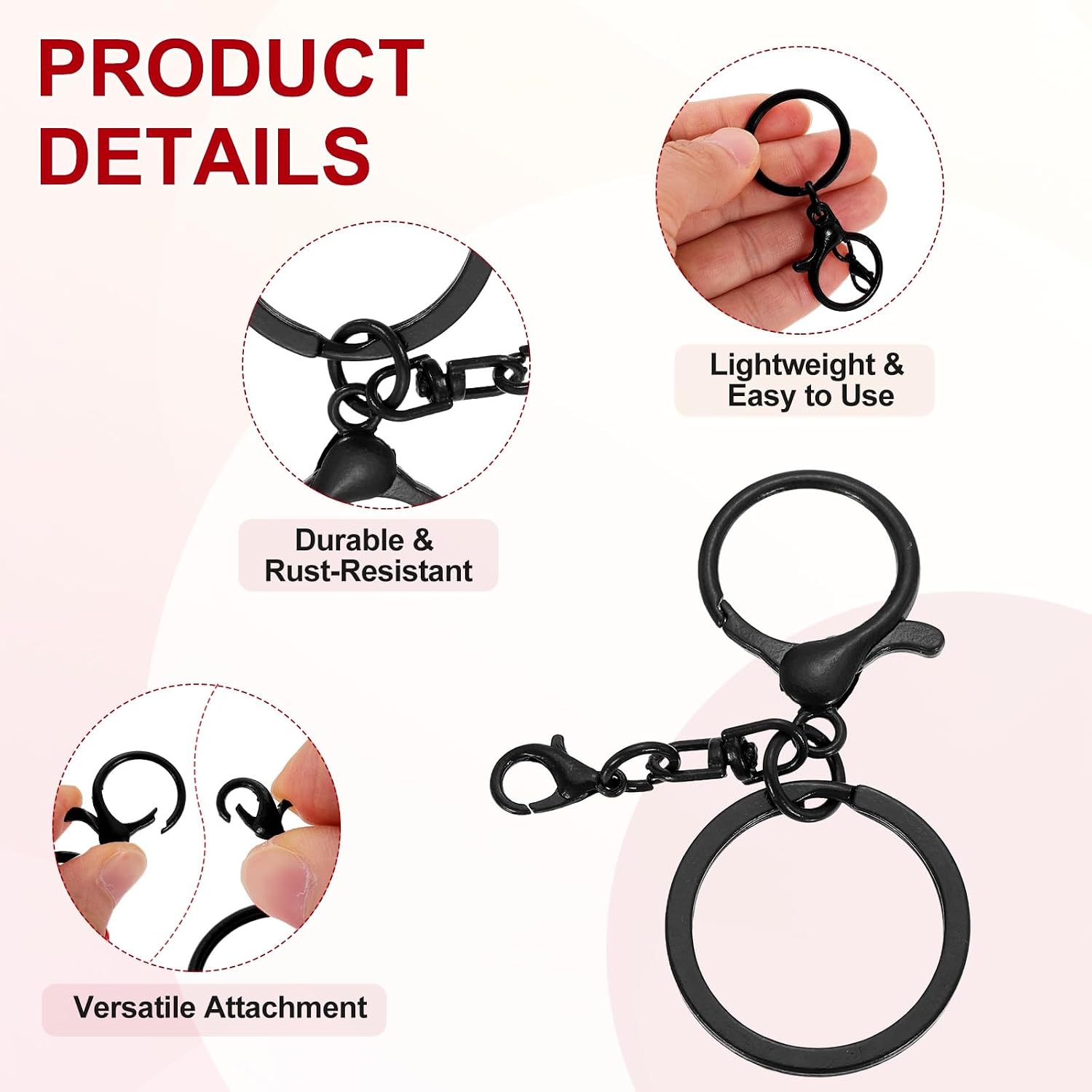MECCANIXITY 20 Pcs Large Lobster Claw Clasps with Key Rings, Colorful Keychain Clip Hooks Bulk for Bag Purse Charm Key Chain Supplies DIY Crafts, Black image 3