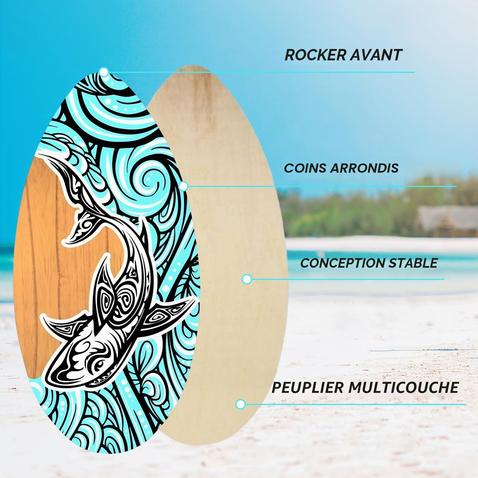 perfeclan Skimboard, Planche de Plage en Bois, Jouet de Sable pour Eau Peu Profonde, Planche de Glisse de Plage Polyvalente, Petite Skimboard de Surf pour Débutants Adultes et Enfants