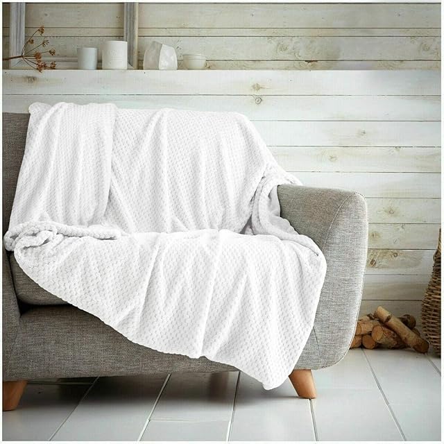 Waffle Honeycomb Throw Blanket Soft Warm Throw Over Sofa Bed Travel Bedspread (White, Double - 150 x 200cm)