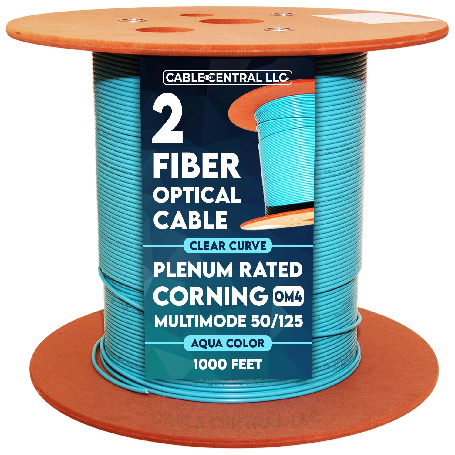 2 Fiber Indoor Distribution Fiber Optic Cable, Multimode 50/125, Corning ClearCurve OM4, Plenum Rated, Aqua, Spool, 1000 Feet
