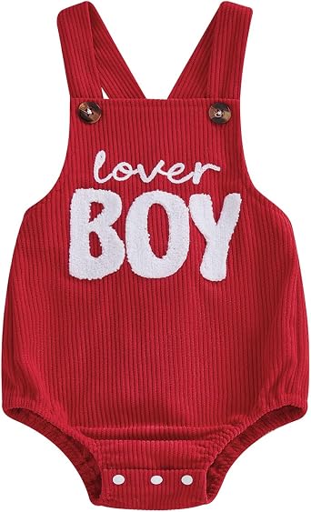 SAYOO Newborn Boy Valentines Clothes Lover Boy Letter Embroidery Romper Bodysuit Corduroy Backless Overalls Infant Clothes