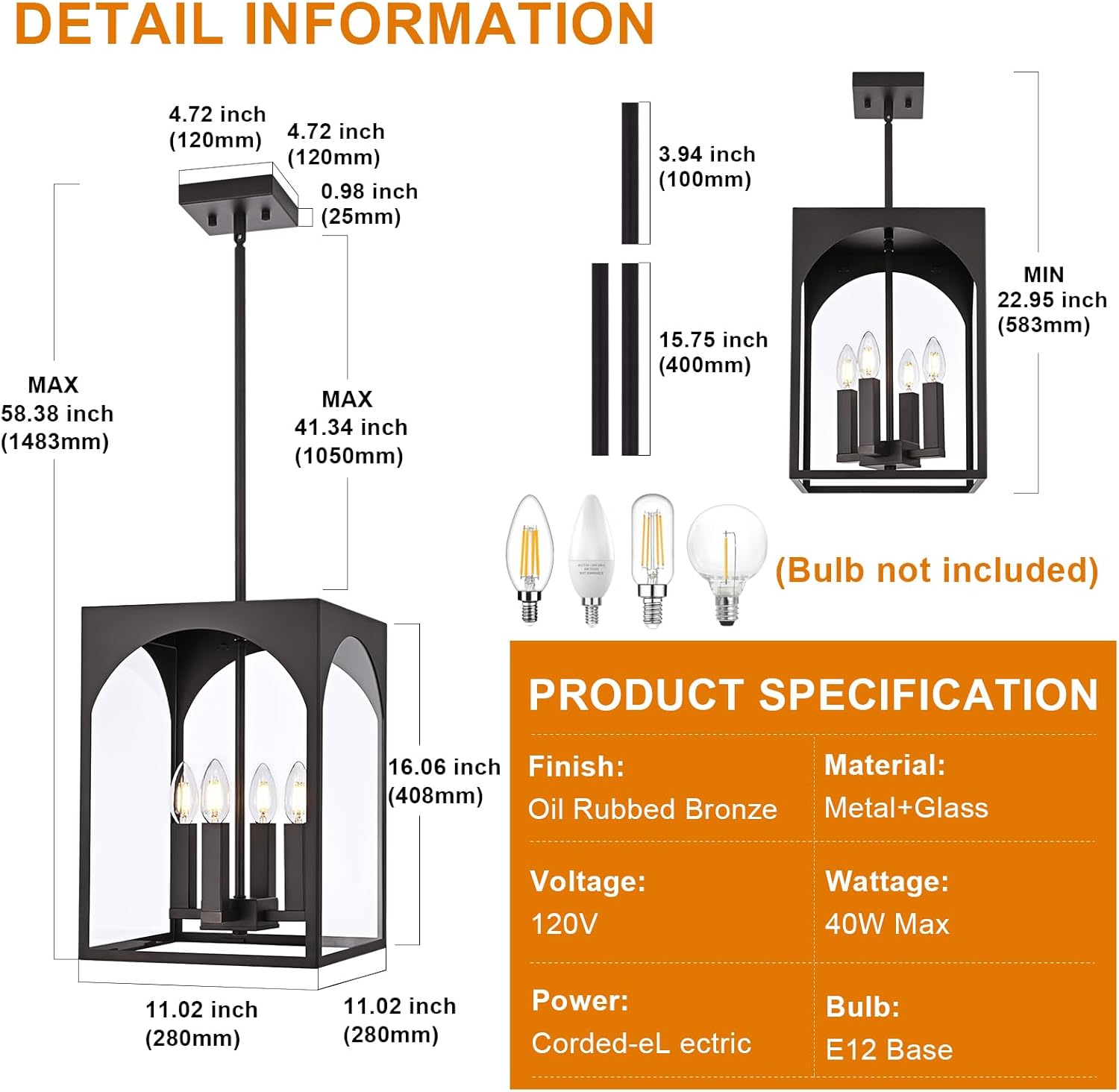 VINLUZ Outdoor 4 Light Pendant Lighting,Classic Outside Chandelier Exterior Hanging Lantern Light with Clear Glass Shade Oil Rubbed Bronze Finish for Porch, Yard, Gazebo